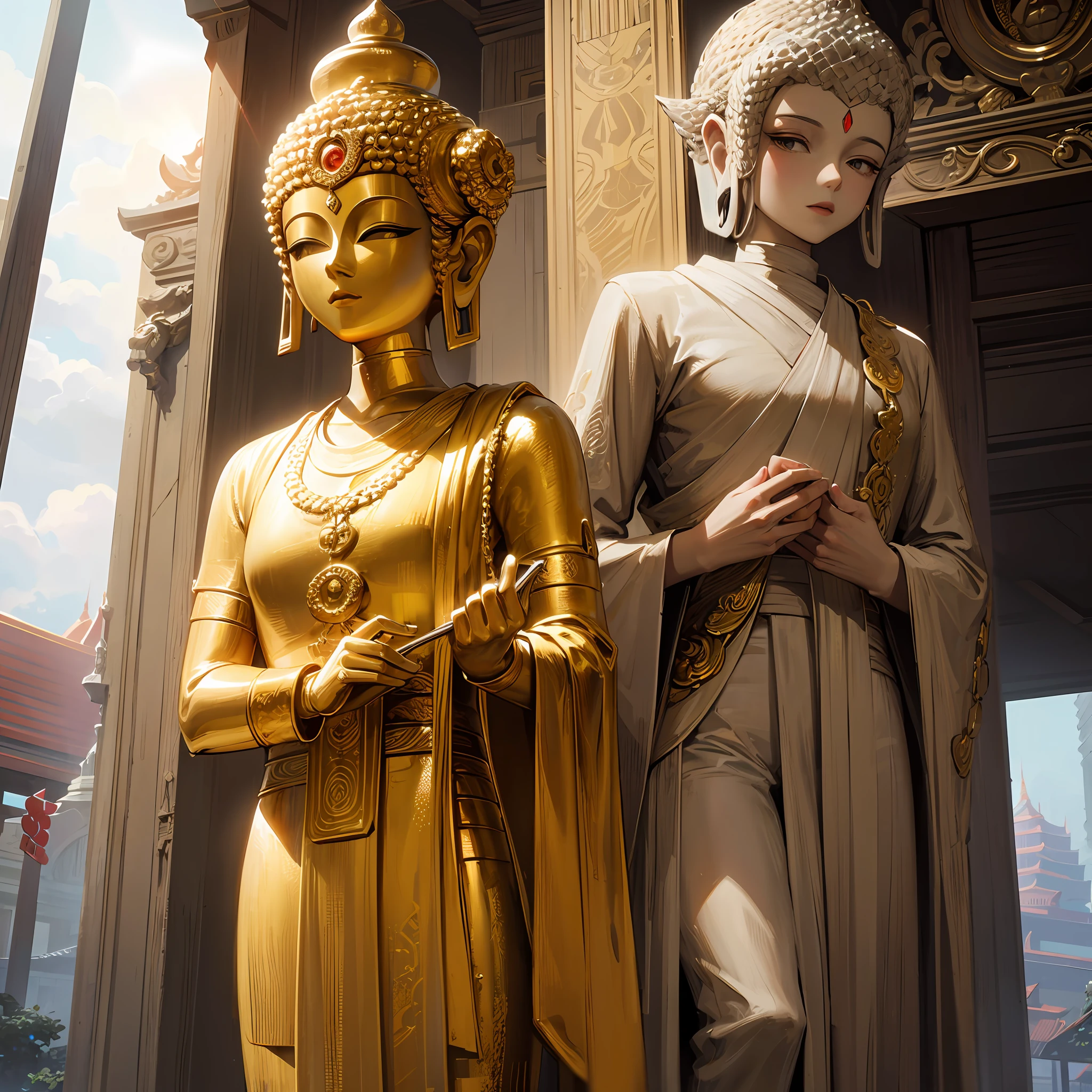 there is a statue of a golden Snake on top of a building, a Buddhist Buddha, taken with sony alpha 9, taken with a Sony A7R camera, a statue, Photo taken with Sony A7R, Buddha, Photo taken with Sony a7R camera, taken with sigma 2 0 mm f 1. 4, Beautiful image, thai temple, statue, dark milky way at the background, stunn, surrealism, Cinematic lighting, god light, back lit lighting, Textured skin, Super detail, (allure: 1.2),
