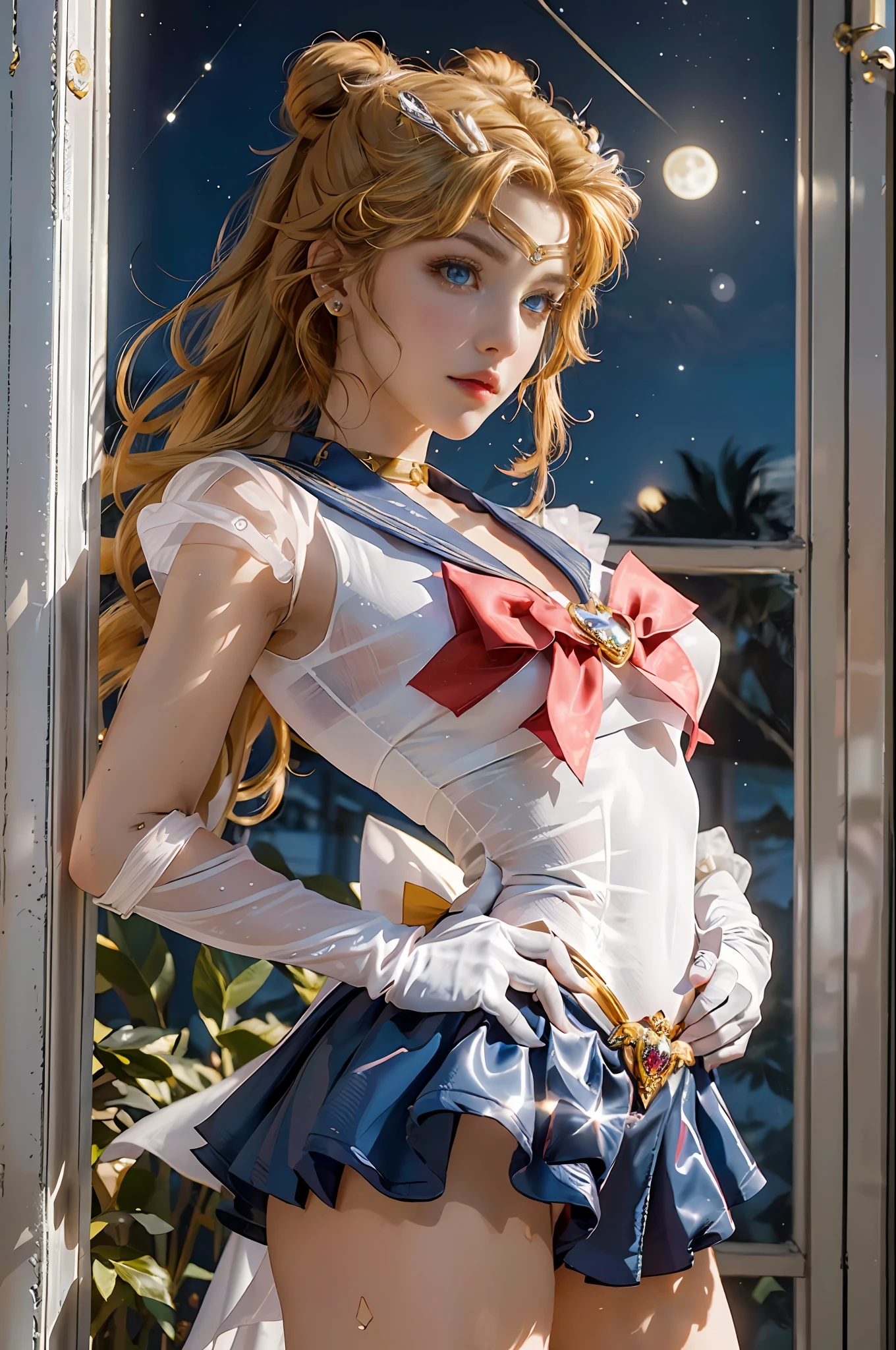 Masterpiece, Full: 1.3, Stand, 8K, 3D, Realistic, Ultra Micro Shooting, Top Quality, Extreme Detail CG Unity 8K Wallpaper, from below, intricate details, (1 female), 18 years old, (Sailor Moon supersailormoon mer1, Tiara, Sailor Senshi Uniform Sailor: 1.2, Sailor Moon: 1.2), Impossibly long bright twin-tailed blonde, hair bun, red round hair ornament in a hair bun, Sailor Senshi uniform, (blue collar, blue sailor collar, blue pre-gate miniskirt: 1.3, very large red bow on the chest, long white latex gloves, red gloves on the elbows, golden tiara, earrings), (face details: 1.5, bright blue eyes, beautiful face, beautiful eyes, shiny eyes, thin lips: 1.5, thin and sharp pale eyebrows, long dark eyelashes, double eyelashes, luxurious golden jewelry, thin, thin and muscular, small face, big breasts, perfect proportions, thin waist, sexy model pose, visible pores, seductive smile, perfect hands: 1.5, high-leg swimsuit, Very thin and fit high-gloss white holographic leather, octane rendering, very dramatic images, strong natural light, sunlight, exquisite lighting and shadows, dynamic angle, DSLR, sharp focus: 1.0, maximum clarity and sharpness, (space background, moonlight, moon, dynamic background, detailed background)