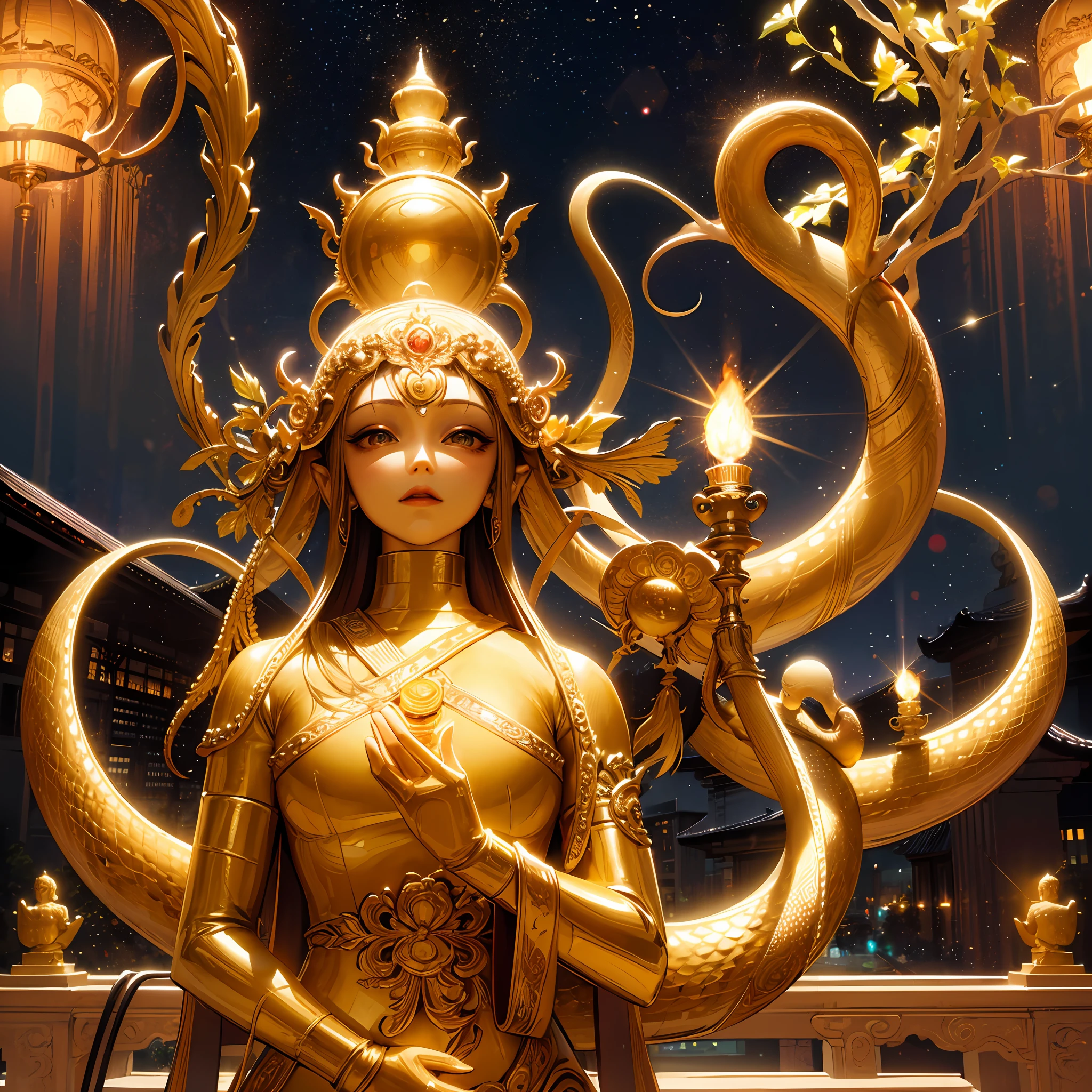 there is a estátua of a golden Snake on top of a building, a Buddhist Buda, tirada com sony alfa 9, tirada com uma câmera Sony A7R, a estátua, Foto tirada com Sony A7R, Buda, foto tirada com câmera Sony a7R, tirada com sigma 2 0 mm f 1. 4, Imagem bonita, templo tailandês, estátua, Via Láctea escura no fundo, ficar, surrealismo, iluminação cinematográfica, deus luz, iluminação retroiluminada, pele texturizada, Super Detalhe, (fascinar: 1.2),