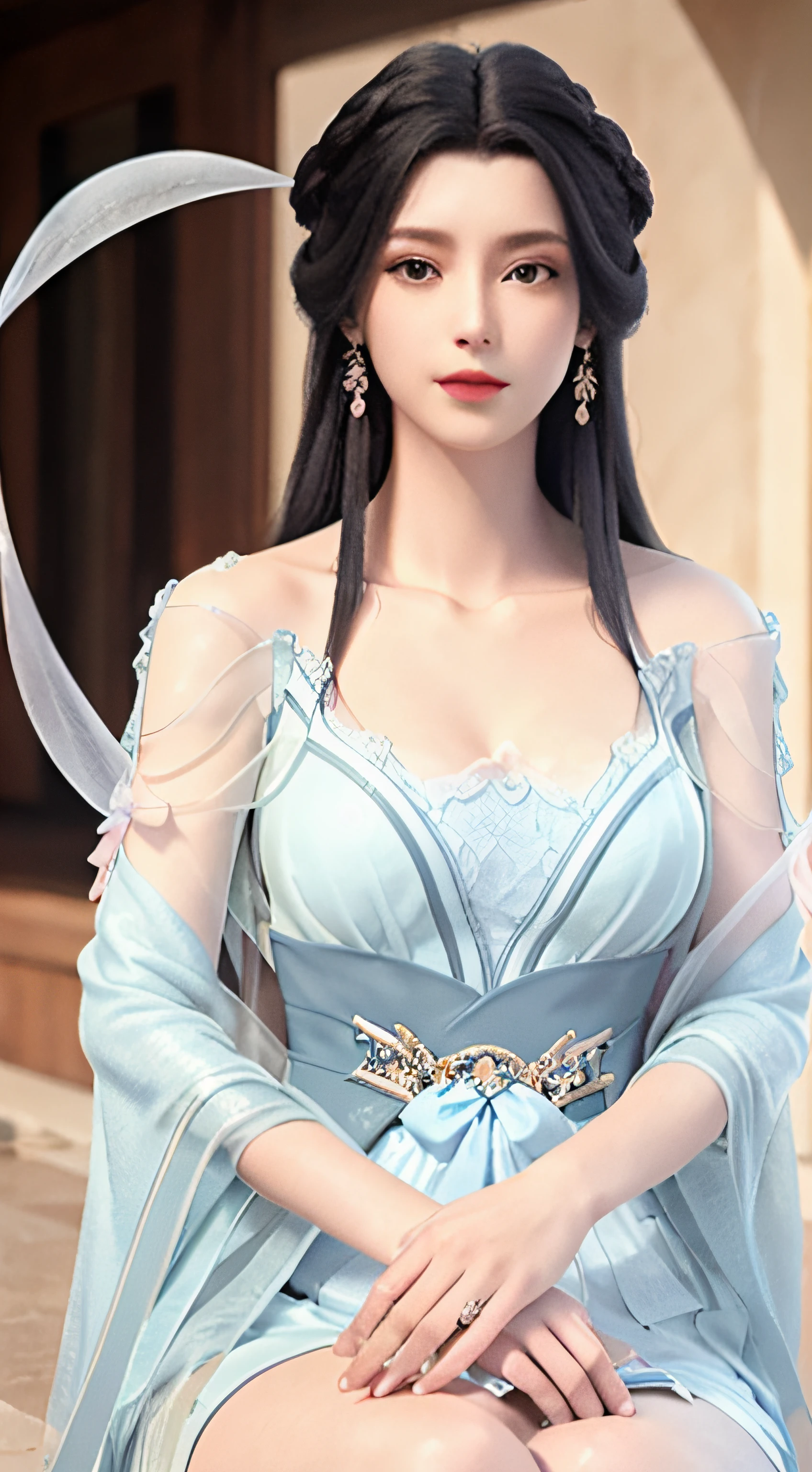 ultra high res, (photorealistic:1.4), raw photo,16K,
1girl, solo,blush, sitting,  black hair, bare shoulders, long hair, dress,Light blue ribbon,earrings,jewelry,wide sleeves,((shawl)),cleavage,nipple slip,