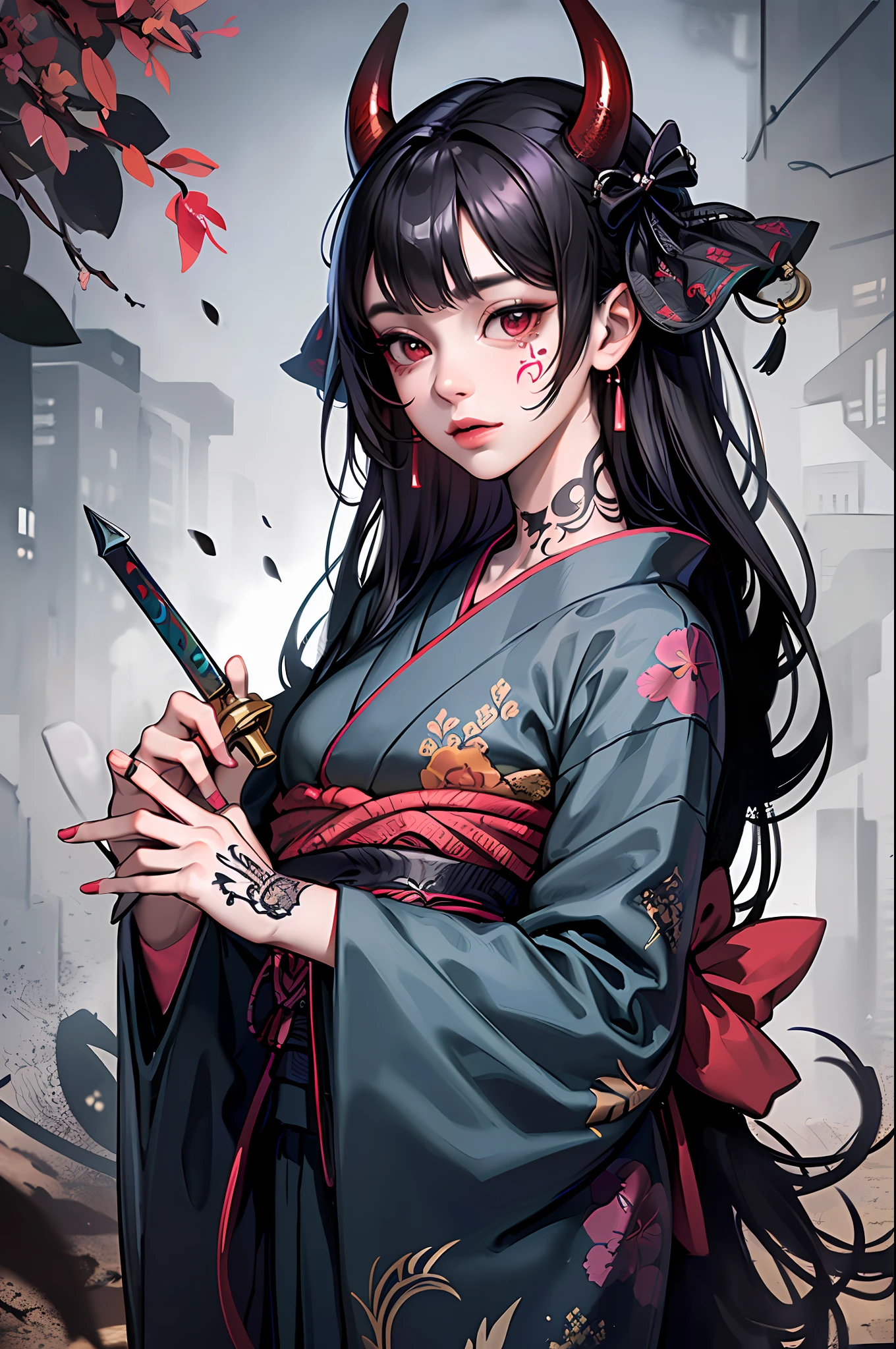 (photorealistic:1.3), masterpiece, best quality, (intricate details:1.2), (scenery:1.3), beautiful face, (black theme:1.3), 
(((1girl, a girl in patterned kimono holding a dagger in her hand, (look at veiwer:1.3), (face tattoo:1.2), small oni horn, 
))), full body, split in half