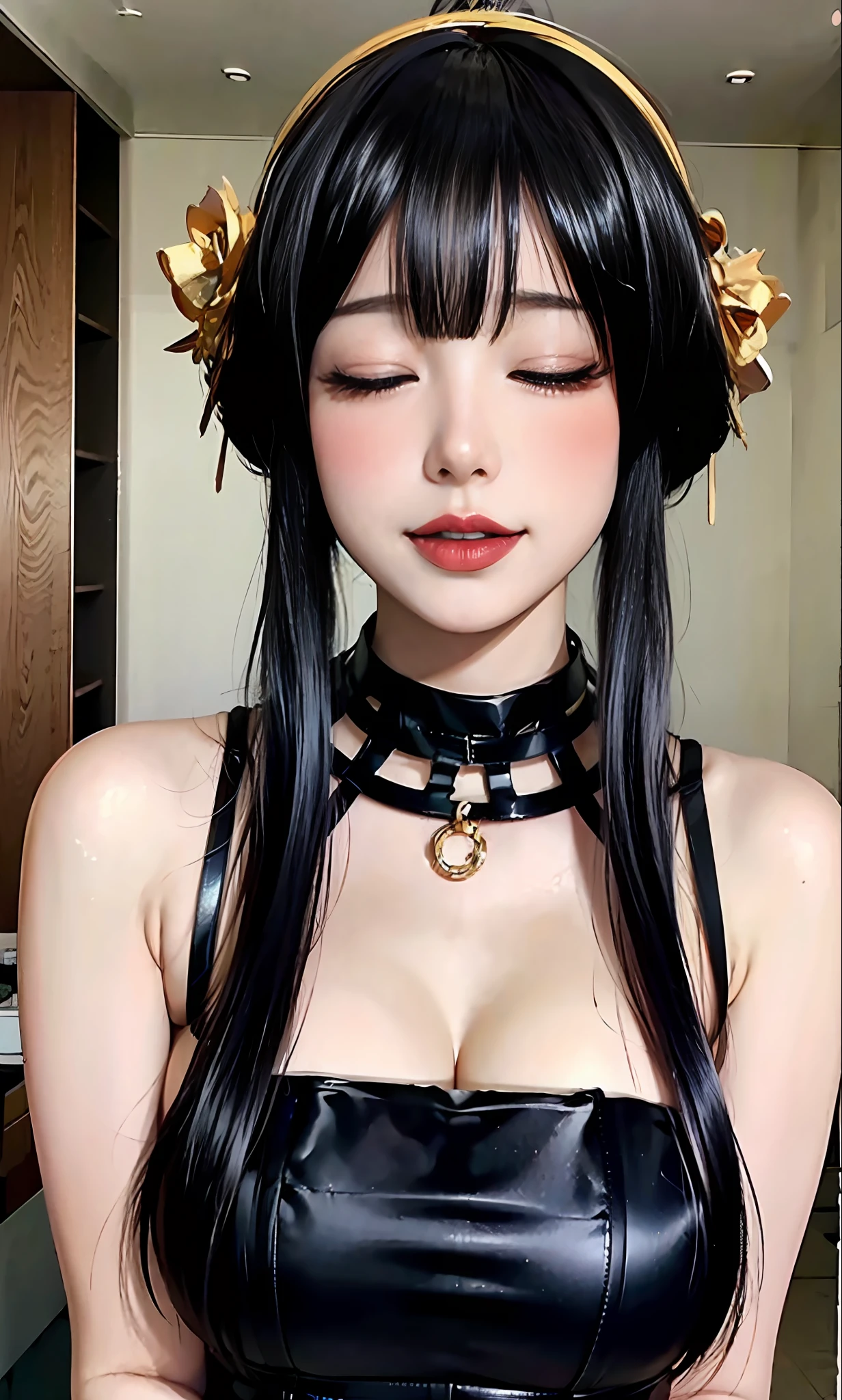 8k，tmasterpiece，Best Picture Quality，extremely detaile，Photorealsitic，Perfect body，Huge breasts，The skin glows，Hands touching chest，Close your eyes，the maid outfit，Stick out your tongue