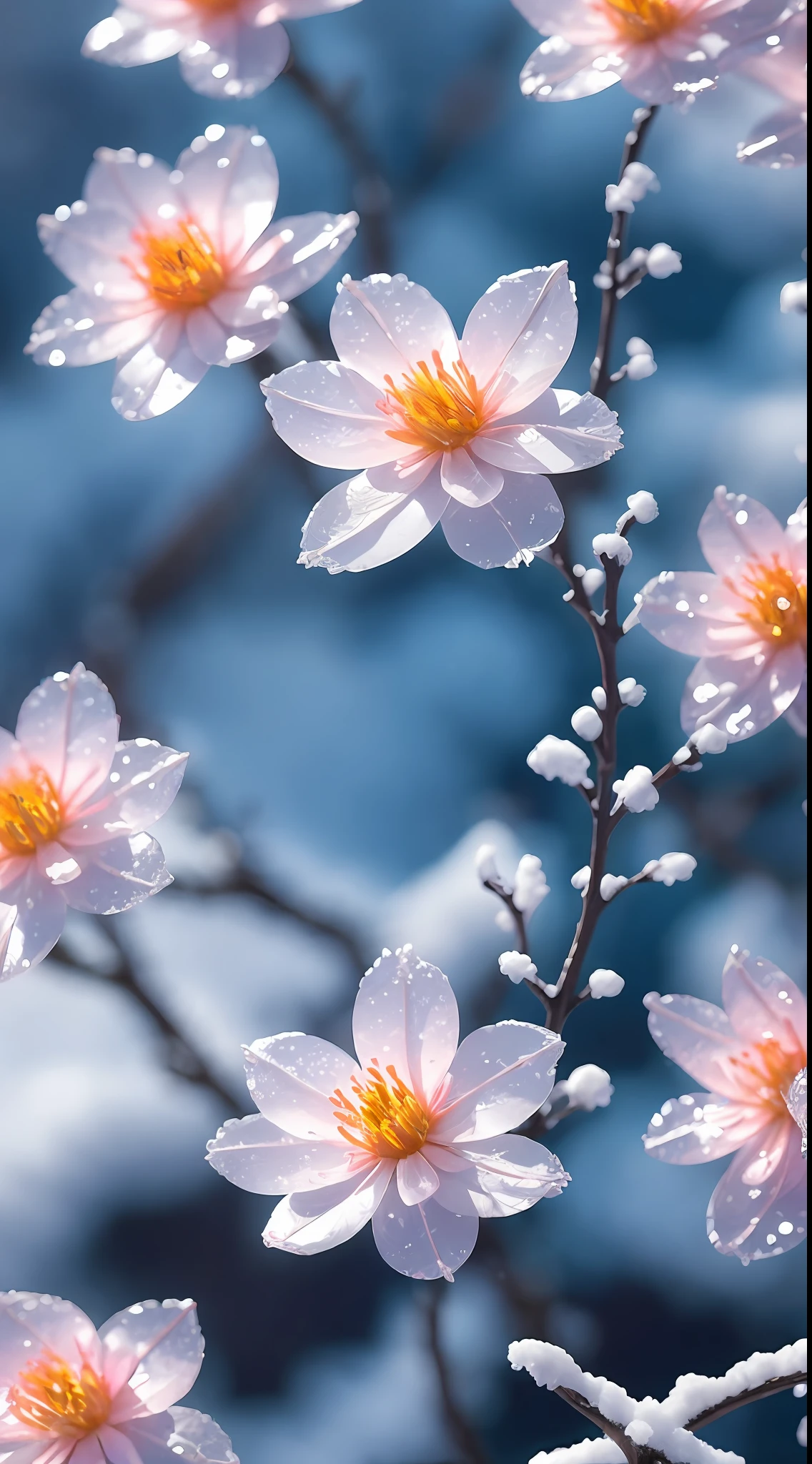 Crystal Spring Blossom、
Fantasia、intergalactic、cleanness、yuki、Powder snow、Snow piles up、cold snowy、
glinting、Shines、magnifica、colourfull、
magical photography, dramatic  lighting, photorealisim, The ultra-detailliert, 4K, depth of fields, hight resolution