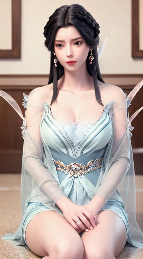 ultra high res, (photorealistic:1.4), raw photo,16K,dramatic lighting,
1girl, solo,blush, sitting,  black hair, bare shoulders, long hair, dress,Light blue ribbon,earrings,jewelry,wide sleeves,((shawl)),cleavage,nipple slip,looking at viewer,