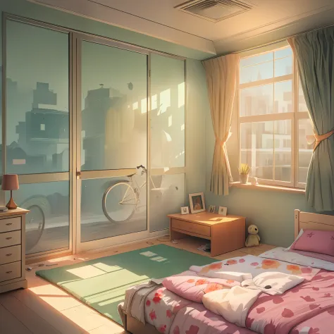 anime empty room bedroom table, double bed, window