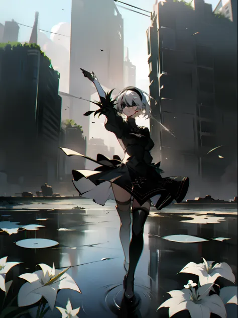 masterpiece, best quality, detailed face, extremely detailed, yorha no. 2 type b, 1girl, solo, absurdres, 8k, white hair, silver...