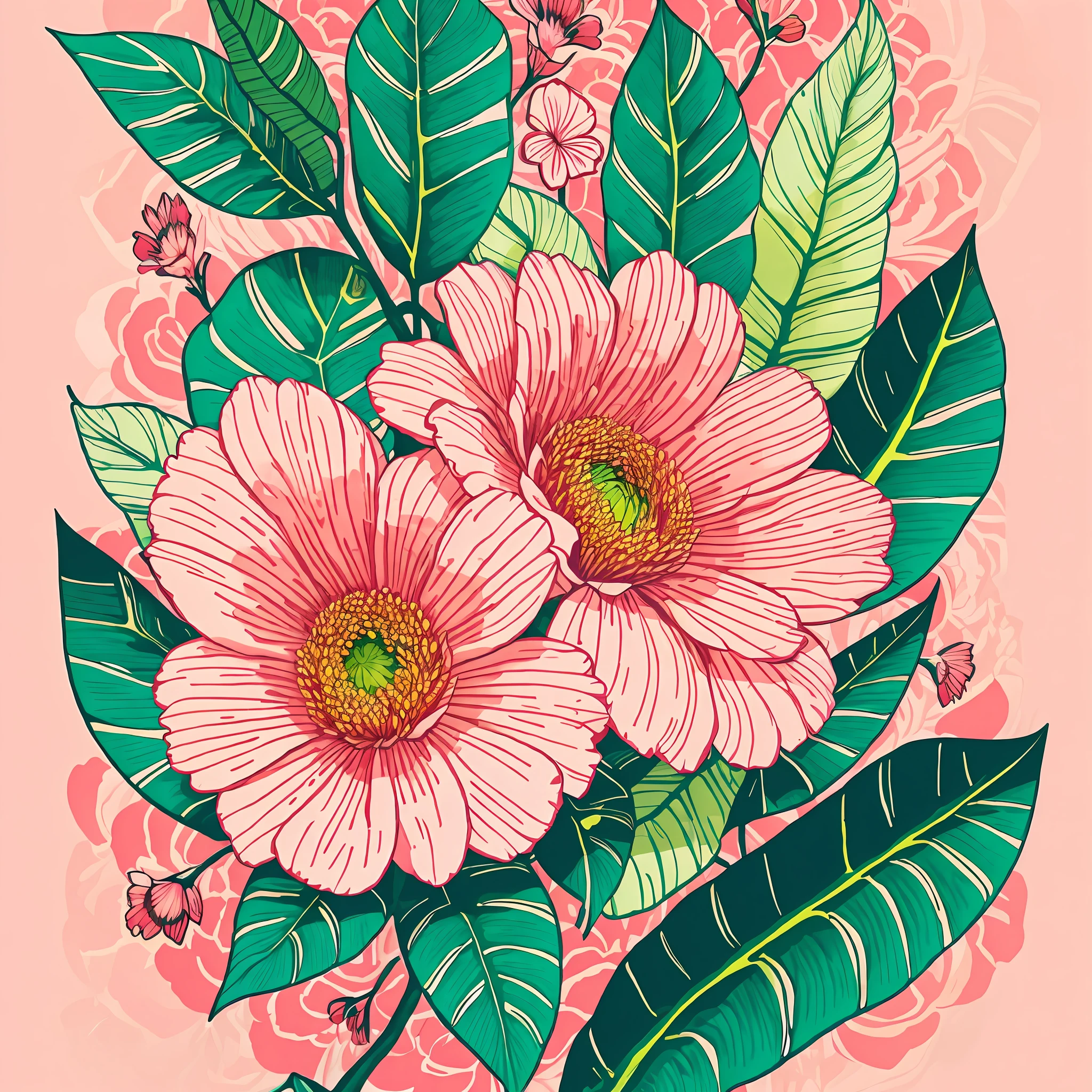 florais，impressão，felpudo，rosa pastel，plantas tropicais,ilustração plana，maximalismo，esquema de cores brilhantes