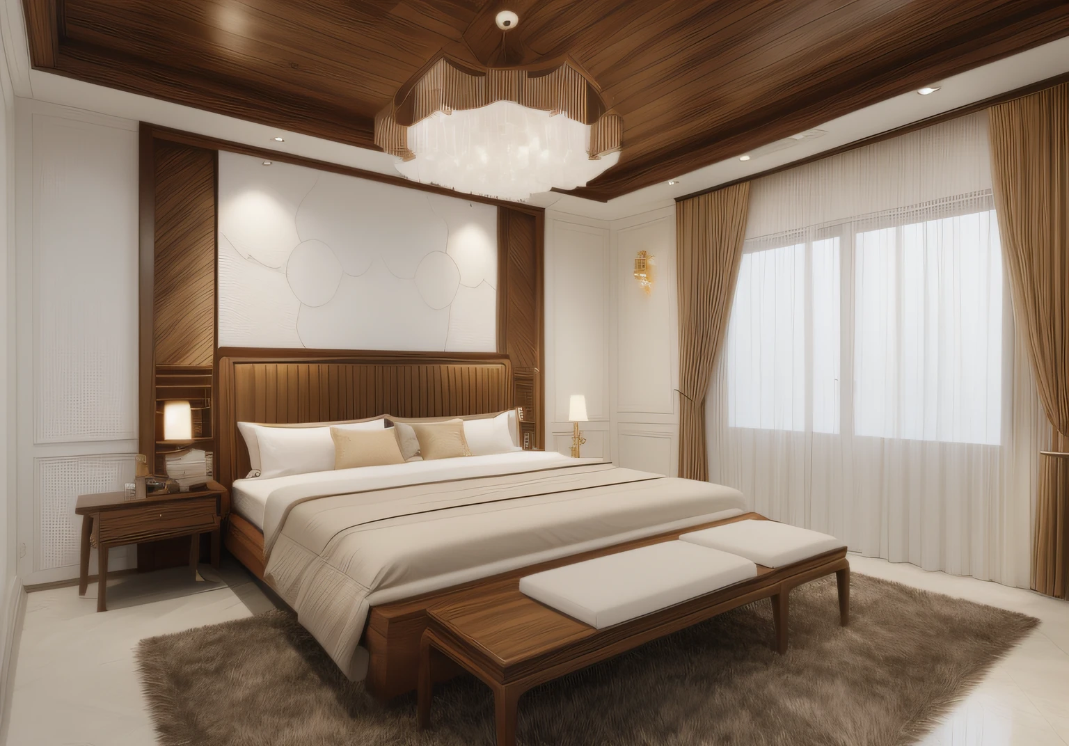 ((masterpiece,best quality,highres,sharp forcus)) (((detail forcus))) , (bedroom in style  of neoclassic style)  (( forcus on small detail) (8K) , clear , ((Super sharp, super clear, clear details)) (glossy walnut wooden furniture),  white moulding wall in neoclassic style , warm tone , daylight ,(8k) ( super detail) , curtain and window, fur carpet, wooden floor ,white plaster ceiling