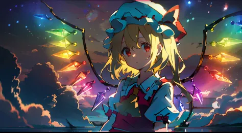 flandre scarlet
1girl,blonde hair,mob cap,hair bow,bowtie,side ponytail,wings,short sleeves,vest,ascot,​masterpiece、Top image qu...