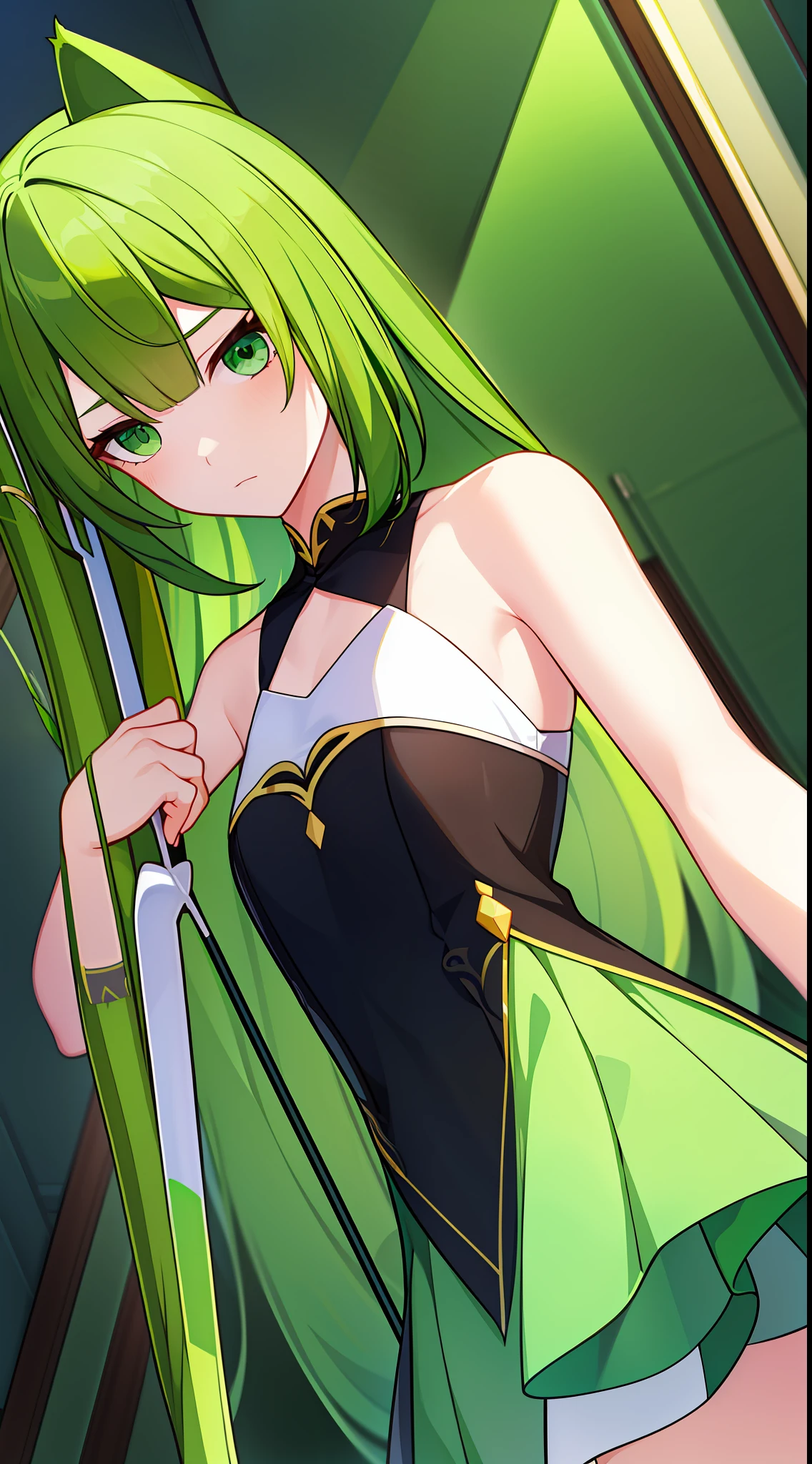 Chica anime con cabello verde sosteniendo un cuchillo y un vestido verde -  SeaArt AI