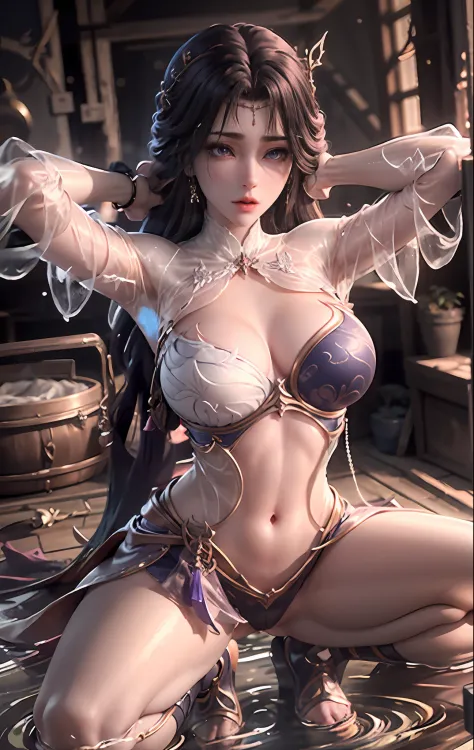 Jeizuo， Awesome， Viewer， reality，full body in shot，on knees， squat down， Brunette Hair， long long hair， Thorough， tall，Forced real water，White less cloth transparent minishirt，White transparent thong，seaside,， RAWExtremely detailed， ahegao， rolling eyes， b...