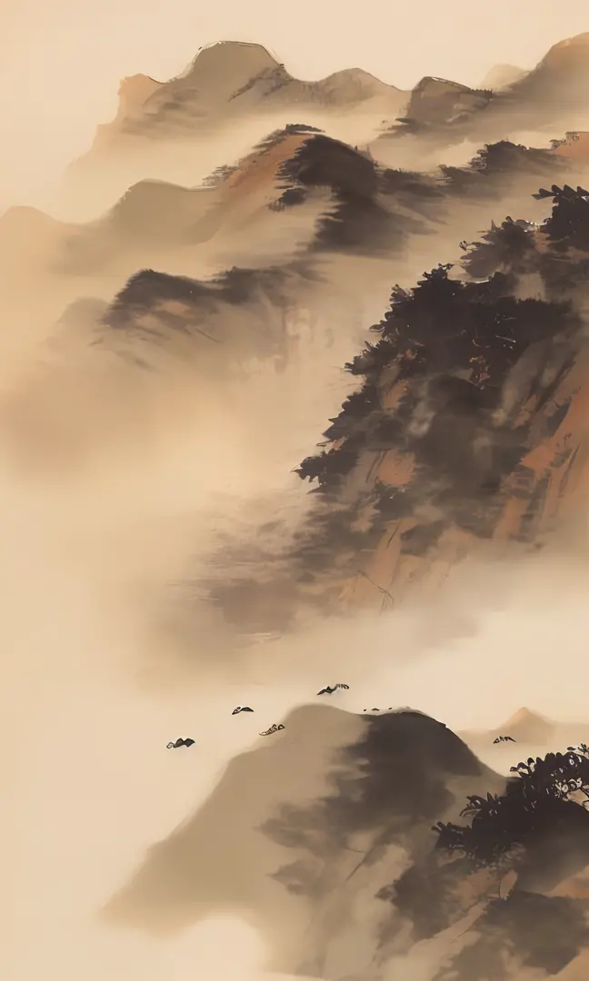Chinese ink-splashed landscape painting，The sun rises，mountain peaks，Impressive