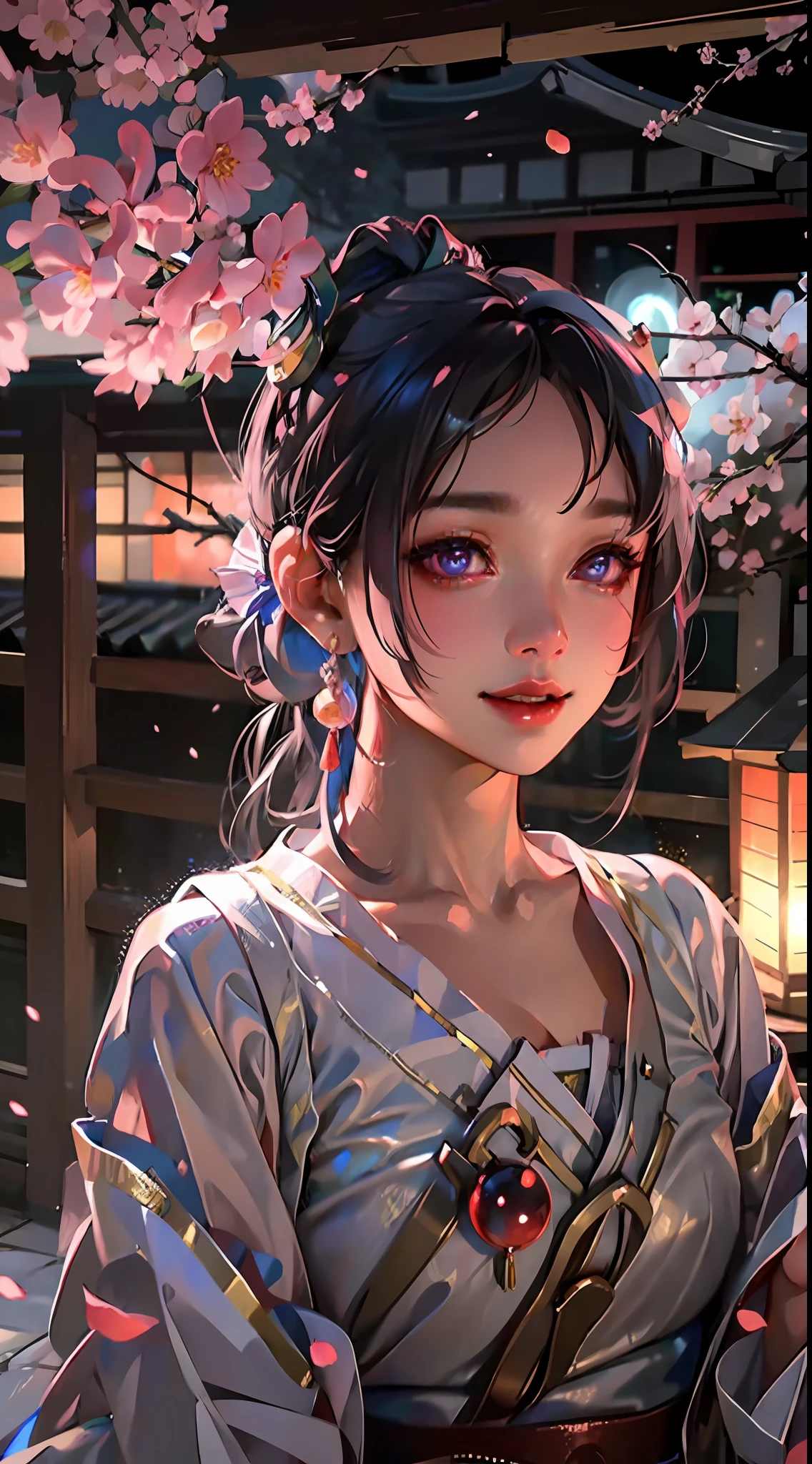 ultra high res, (photorealistic:1.4), raw photo,16K,,beautiful detailed girl, extremely detailed eyes and face, beautiful detailed eyes,light on face,cinematic lighting,1girl,looking at viewer,east asian architecture,(blurry background:1.2),cherry blossoms, lantern light, depth of field,