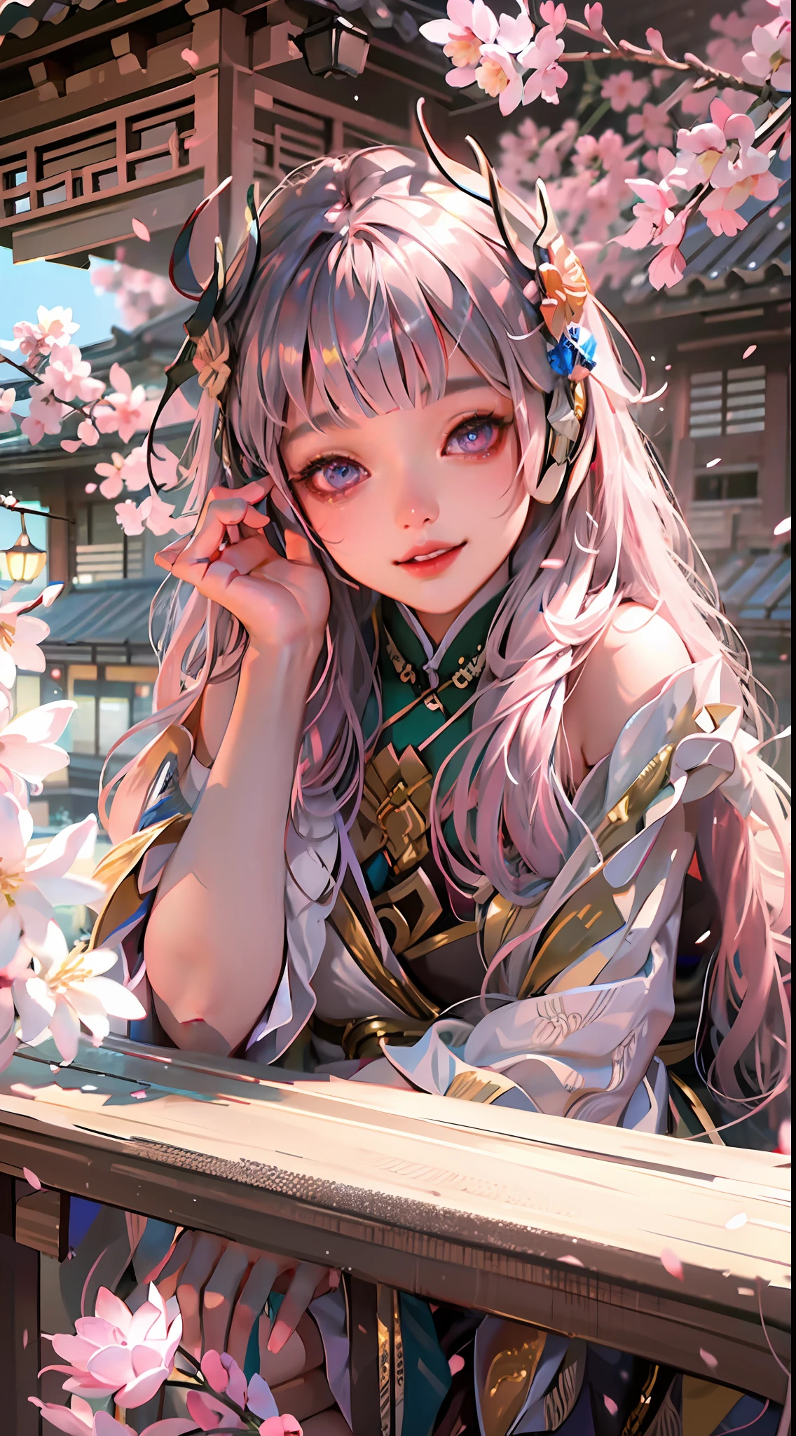 ultra high res, (photorealistic:1.4), raw photo,16K,,beautiful detailed girl, extremely detailed eyes and face, beautiful detailed eyes,light on face,cinematic lighting,1girl,looking at viewer,east asian architecture,(blurry background:1.2),cherry blossoms, lantern light, depth of field,