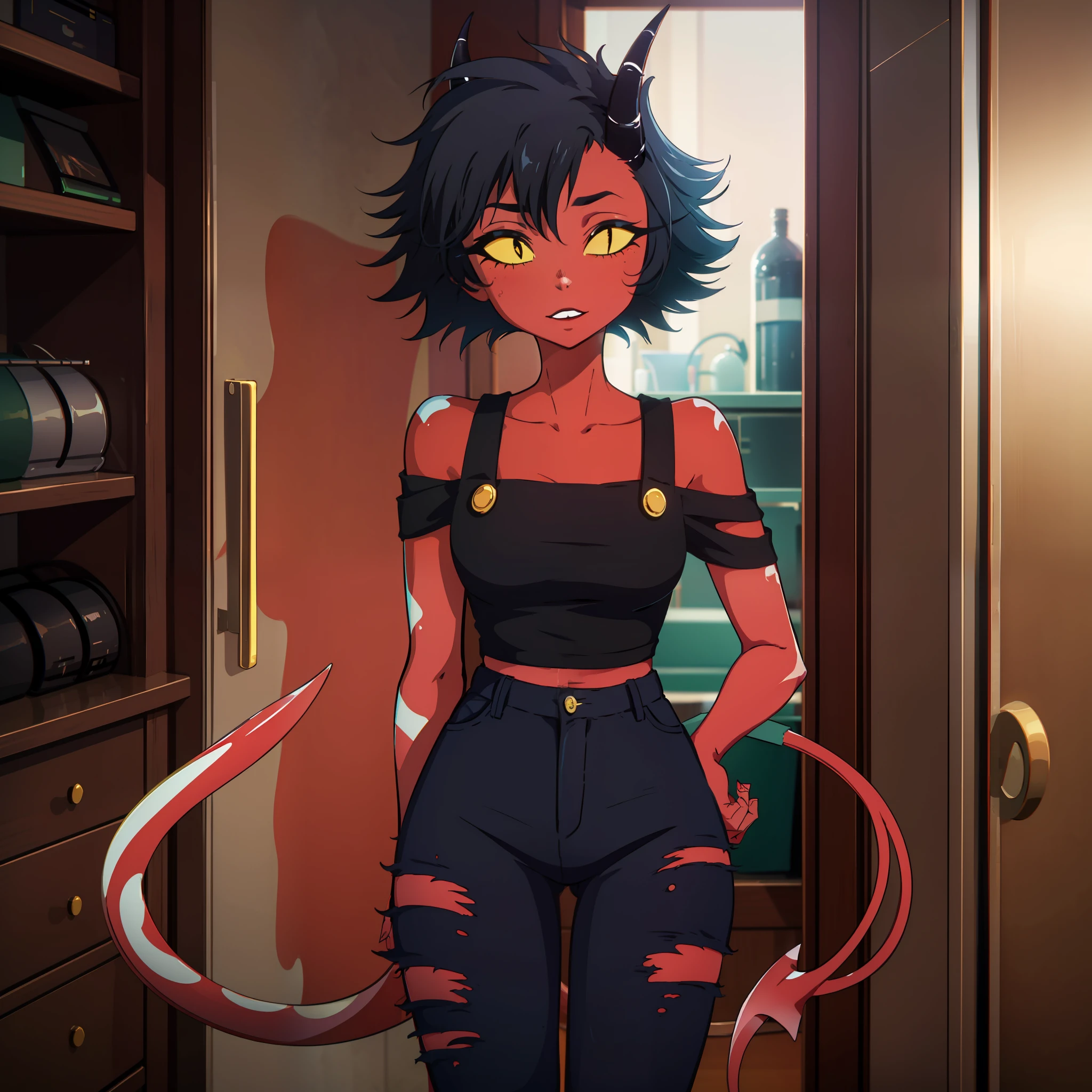 red skin, yellow sclera, black short hair, horns, black croptop, tail, elf ears, 1girl, millie, demon girl, black ripped jeans