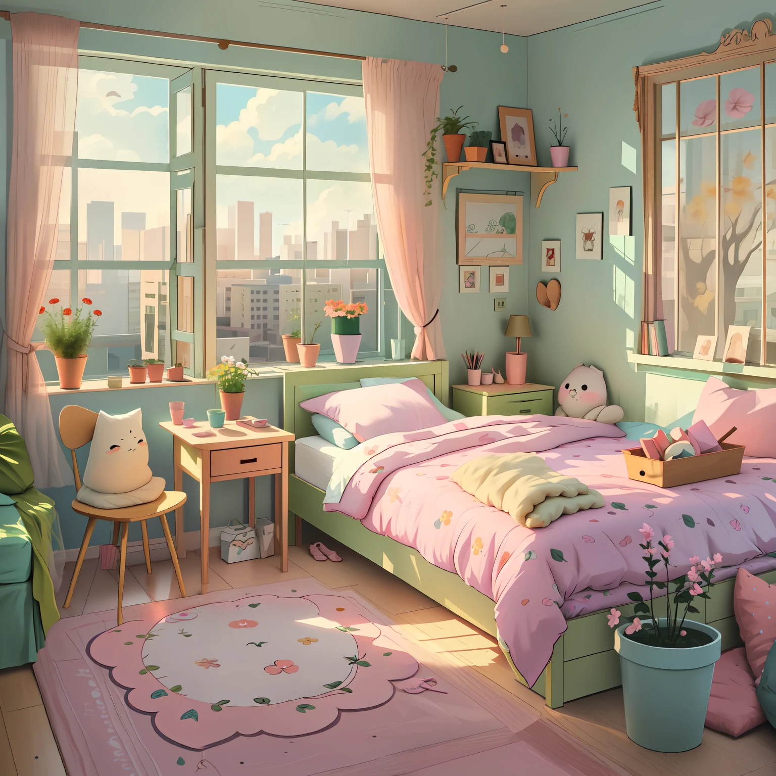 mesa de quarto vazia de anime, cama de casal, janela, Descrição detalhada, vasos de flores, cores pastel
