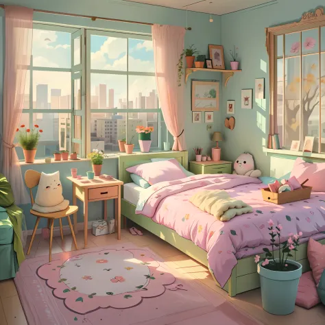 anime empty room bedroom table, double bed, window, detailed depiction, Flower pots, pastel colours