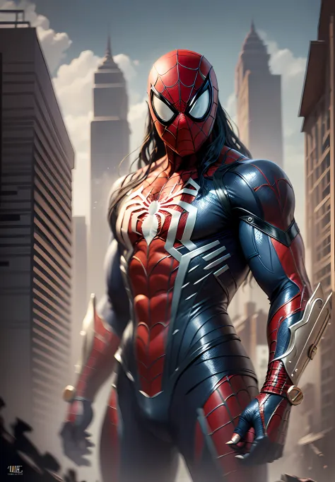 midjourny-v5 Delicate "cyborg spiderman", future style, cyberpunk, majestic detailed spider future suit, apocalypse BAGAN city background, Lara Croft, Muscular arms, Sharp focus, Concept art, Hyperrealism, Realistic lighting, Highly detailed, 8k, Iridescen...