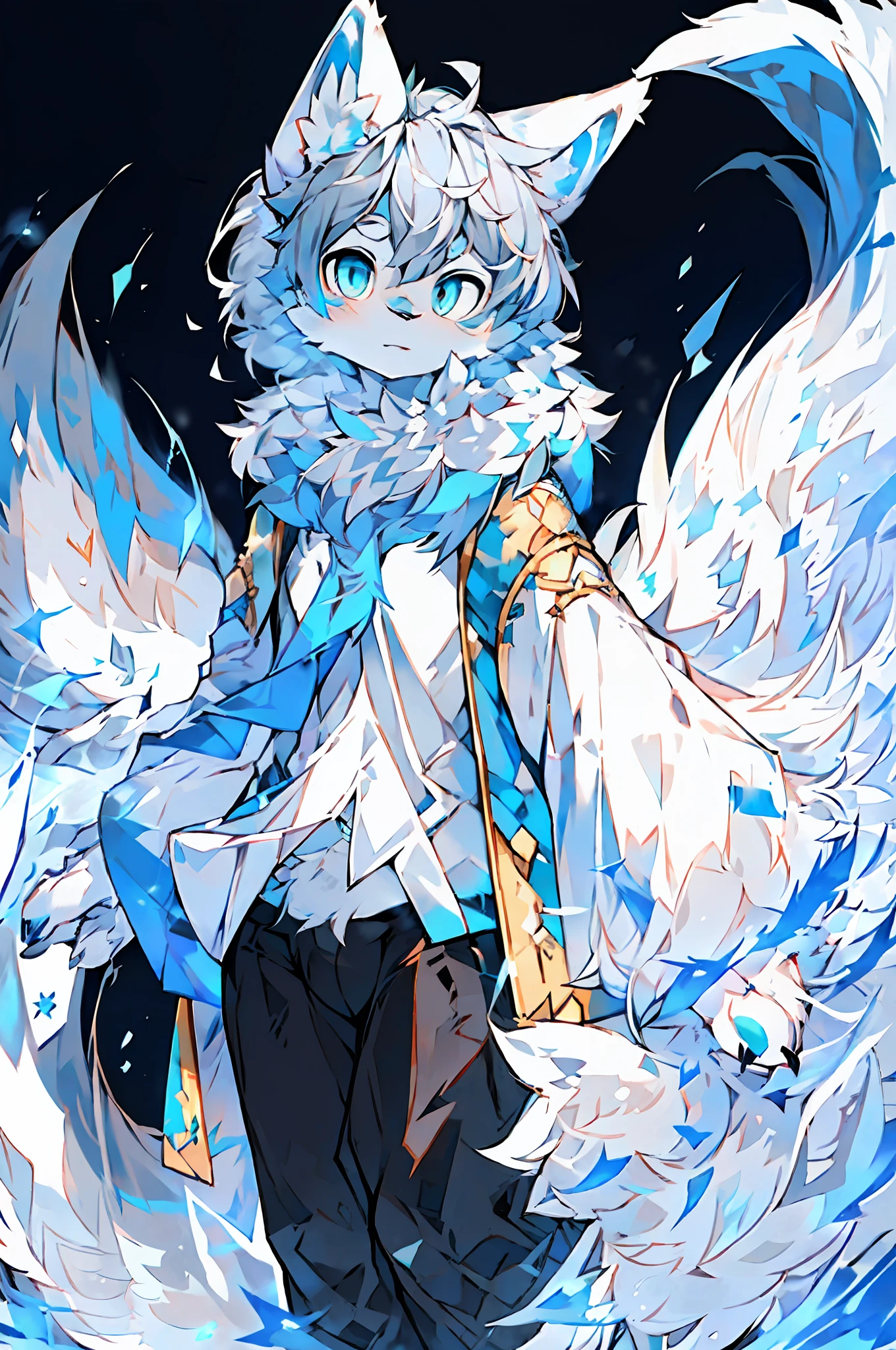 (Best quality), (Masterpiece), ((Solitude)), (Ultra detailed),, (Male arctic fox: 1.5), (gray colored skin: 1.3), (Fluffy tail: 1.2), Character focus, (blue colored eyes), (White ears), Sharp focus, (Furry Animal Ears),A black fire burned behind him