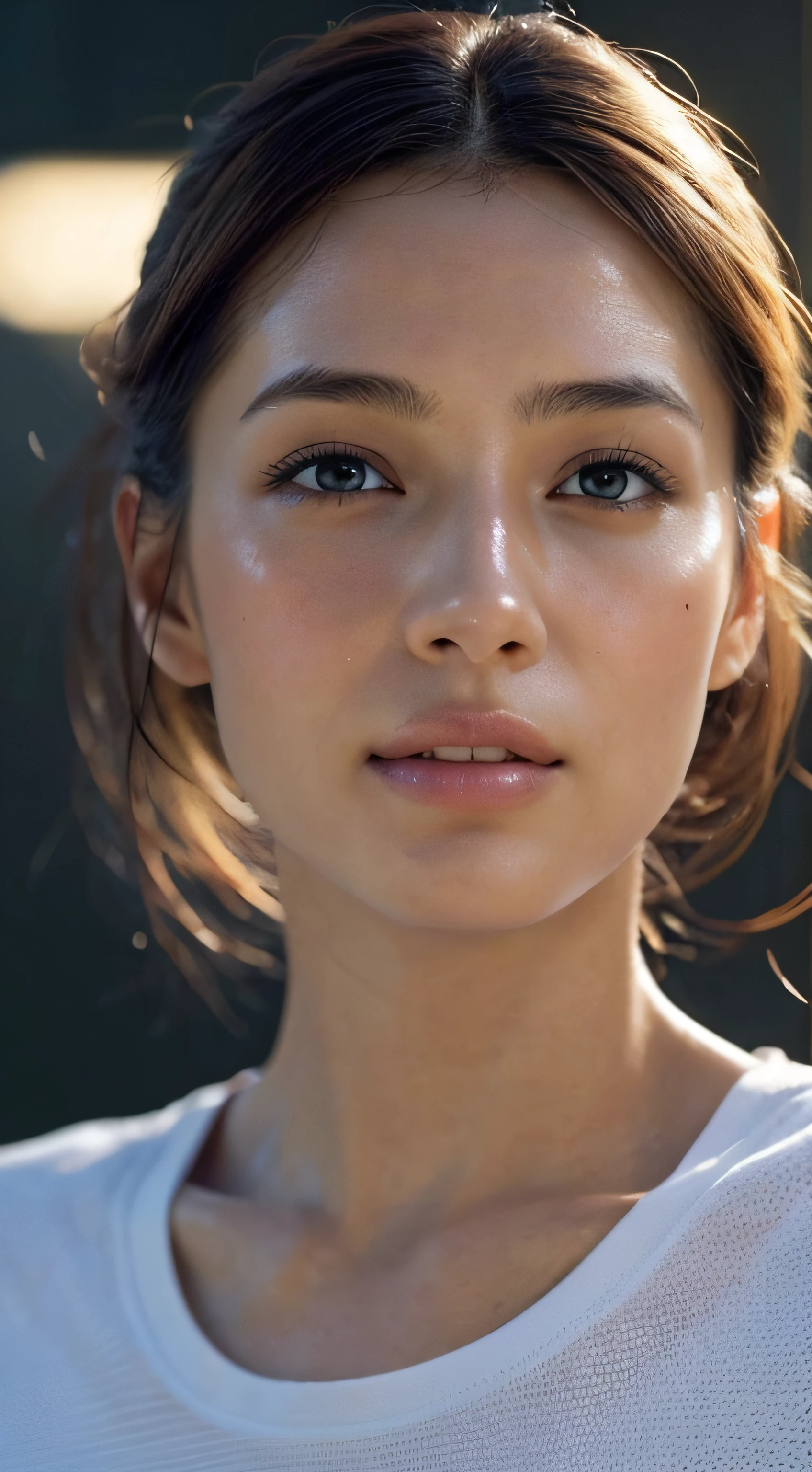 dressed, (photo realistic:1.4), (hyper realistic:1.4), (realistic:1.3), (smoother lighting:1.05), (increase cinematic lighting quality:0.9), 32K, 1girl,20yo girl, realistic lighting, backlighting, light on face, ray trace, (brightening light:1.2), (Increase quality:1.4), (best quality real texture skin:1.4), finely detailed eyes, finely detailed face, finely quality eyes, (tired and sleepy and satisfied:0.0), face closeup, t-shirts, (Increase body line mood:1.1), (Increase skin texture beauty:1.1)