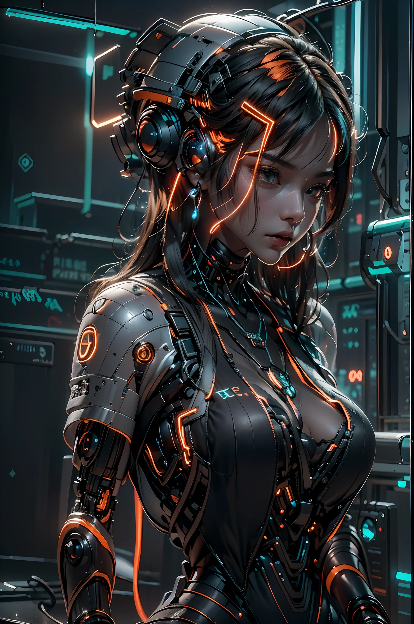 1girll，Perfect facial features，delicated face，(cyber punk perssonage:1.3)，Bring headphones，Illuminated helmet and headphones，glowing jewelry，Glowing earrings，Glowing necklace，inside in room，Electronic wire background，best qualtiy，tmasterpiece，Movie filter presets，movie level lighting，c4d渲染，rendering by octane，with light glowing，((Orange light))，(full bodyesbian:1.5)，slender leg，perfect foot，High chiaroscuro，(There is no light on the face :1.5)