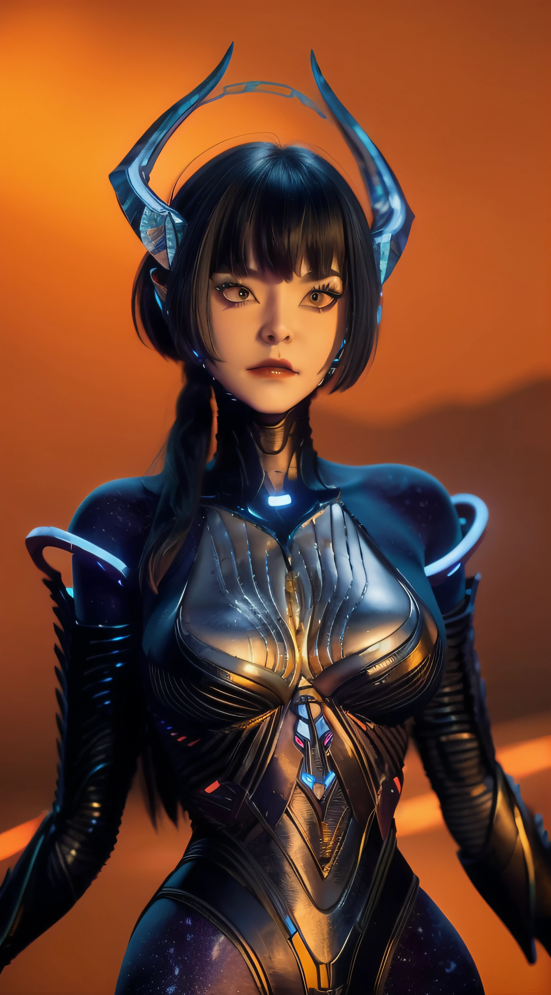 a woman in a futuristic suit with horns and horns on her head, standing in front of a futuristic city, 1girl, bangs, black hair, bodysuit, breasts, evening, horns, long hair, looking at viewer, makeup, orange background, orange sky, sky, solo, sunset, twilight, upper body