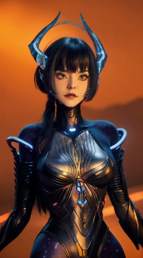 a woman in a futuristic suit with horns and horns on her head, standing in front of a futuristic city, 1girl, bangs, black hair,...