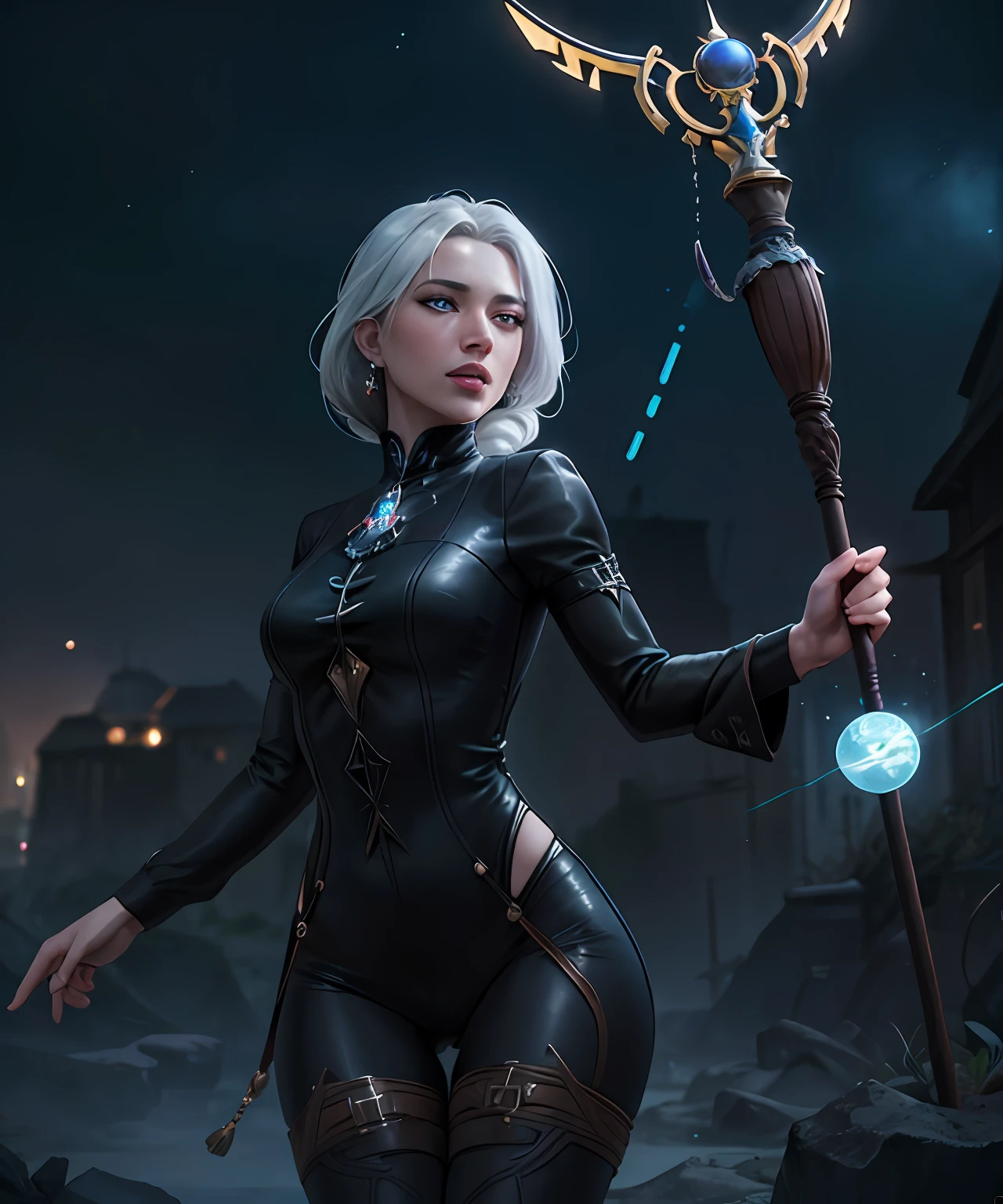 fantasy setting, sharp focus, high quality photo of beautiful nordic mature woman,magician , wearing black clothes with silver tracery, white single braid hair, confident look, rising ((magic staff with shining sphere atop)), glowing runes flying around, jewelry, detailed eyes, low body-fat, cinematic lighting, highly detailed, (matching eyes:1.2), fully body photo, epic pose, night sky background, art by charlie bowater, (Extremely Detailed Oil Painting:1.2), glow effects, godrays, Hand drawn, render, 8k, octane render, cinema 4d, blender, dark, atmospheric 4k ultra detailed, cinematic sensual, Sharp focus, humorous illustration, big depth of field, Masterpiece, colors, 3d octane render, 4k, concept art, trending on artstation, hyperrealistic, Vivid colors, extremely detailed CG unity 8k wallpaper, trending on ArtStation, trending on CGSociety, Intricate, High Detail, dramatic, (ahegao:1.5), thigh gap