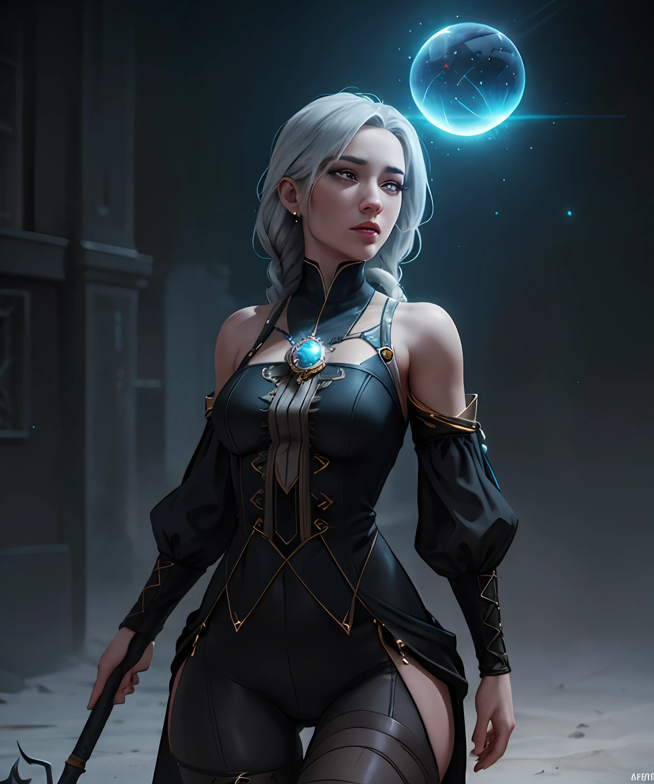 fantasy setting, sharp focus, high quality photo of beautiful nordic mature woman,magician , wearing black clothes with silver tracery, white single braid hair, confident look, rising ((magic staff with shining sphere atop)), glowing runes flying around, jewelry, detailed eyes, low body-fat, cinematic lighting, highly detailed, (matching eyes:1.2), fully body photo, epic pose, night sky background, art by charlie bowater, (Extremely Detailed Oil Painting:1.2), glow effects, godrays, Hand drawn, render, 8k, octane render, cinema 4d, blender, dark, atmospheric 4k ultra detailed, cinematic sensual, Sharp focus, humorous illustration, big depth of field, Masterpiece, colors, 3d octane render, 4k, concept art, trending on artstation, hyperrealistic, Vivid colors, extremely detailed CG unity 8k wallpaper, trending on ArtStation, trending on CGSociety, Intricate, High Detail, dramatic, (ahegao:1.5), thigh gap