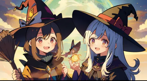 one girl、sorcerer、witch's hat、witch outfit、​masterpiece、top image quality、top-quality、cute little、boom、fly in the sky with a bro...