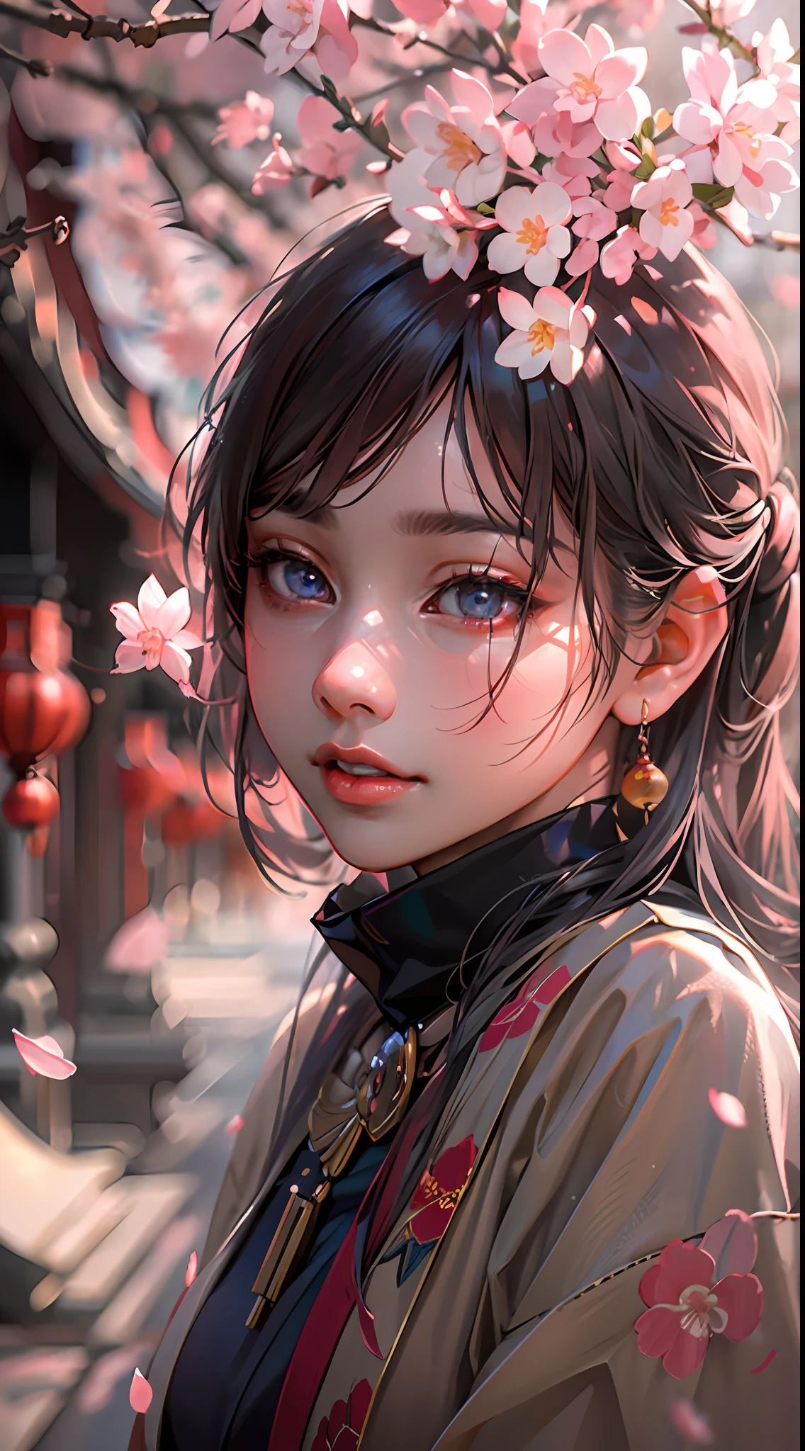 ultra high res, (photorealistic:1.4), raw photo,16K,,beautiful detailed girl, extremely detailed eyes and face, beautiful detailed eyes,light on face,cinematic lighting,1girl,looking at viewer,east asian architecture,(blurry background:1.2),cherry blossoms, lantern light, depth of field,