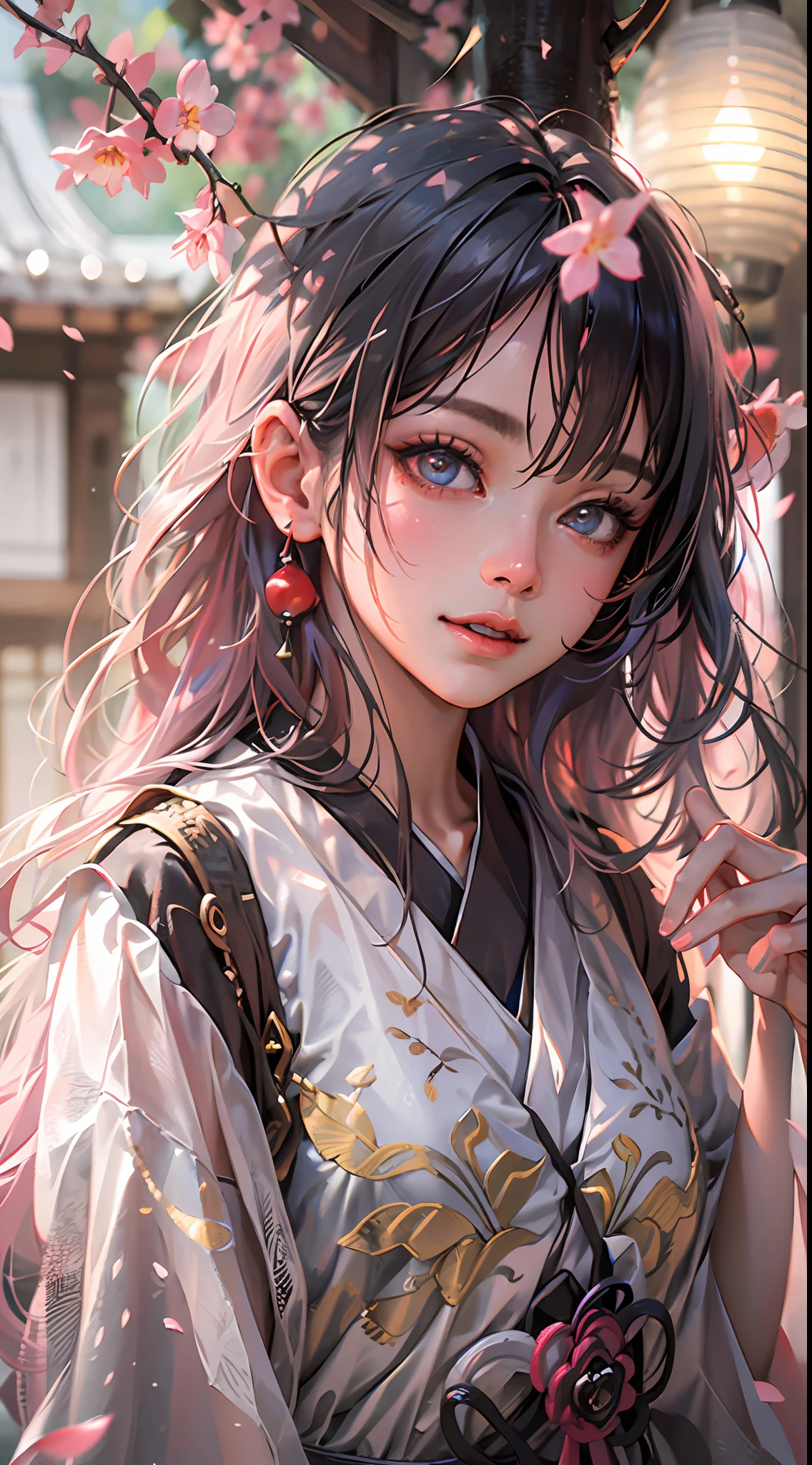 ultra high res, (photorealistic:1.4), raw photo,16K,,beautiful detailed girl, extremely detailed eyes and face, beautiful detailed eyes,light on face,cinematic lighting,1girl,looking at viewer,east asian architecture,(blurry background:1.2),cherry blossoms, lantern light, depth of field,