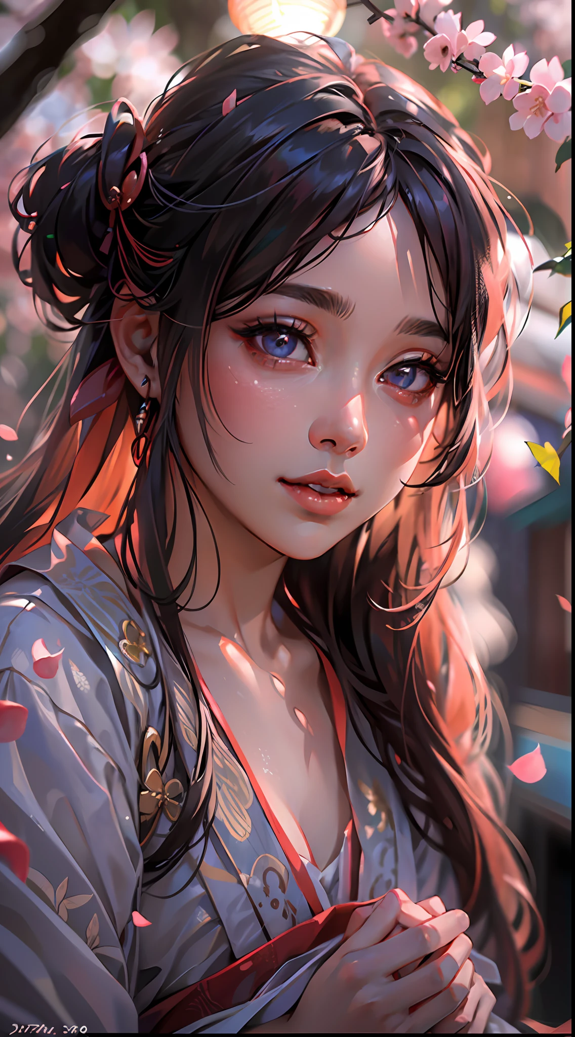 ultra high res, (photorealistic:1.4), raw photo,16K,,beautiful detailed girl, extremely detailed eyes and face, beautiful detailed eyes,light on face,cinematic lighting,1girl,looking at viewer,east asian architecture,(blurry background:1.2),cherry blossoms, lantern light, depth of field,