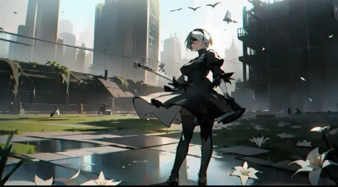 masterpiece, best quality, detailed face, extremely detailed, yorha no. 2 type b, 1girl, solo, absurdres, 8k, white hair, silver...