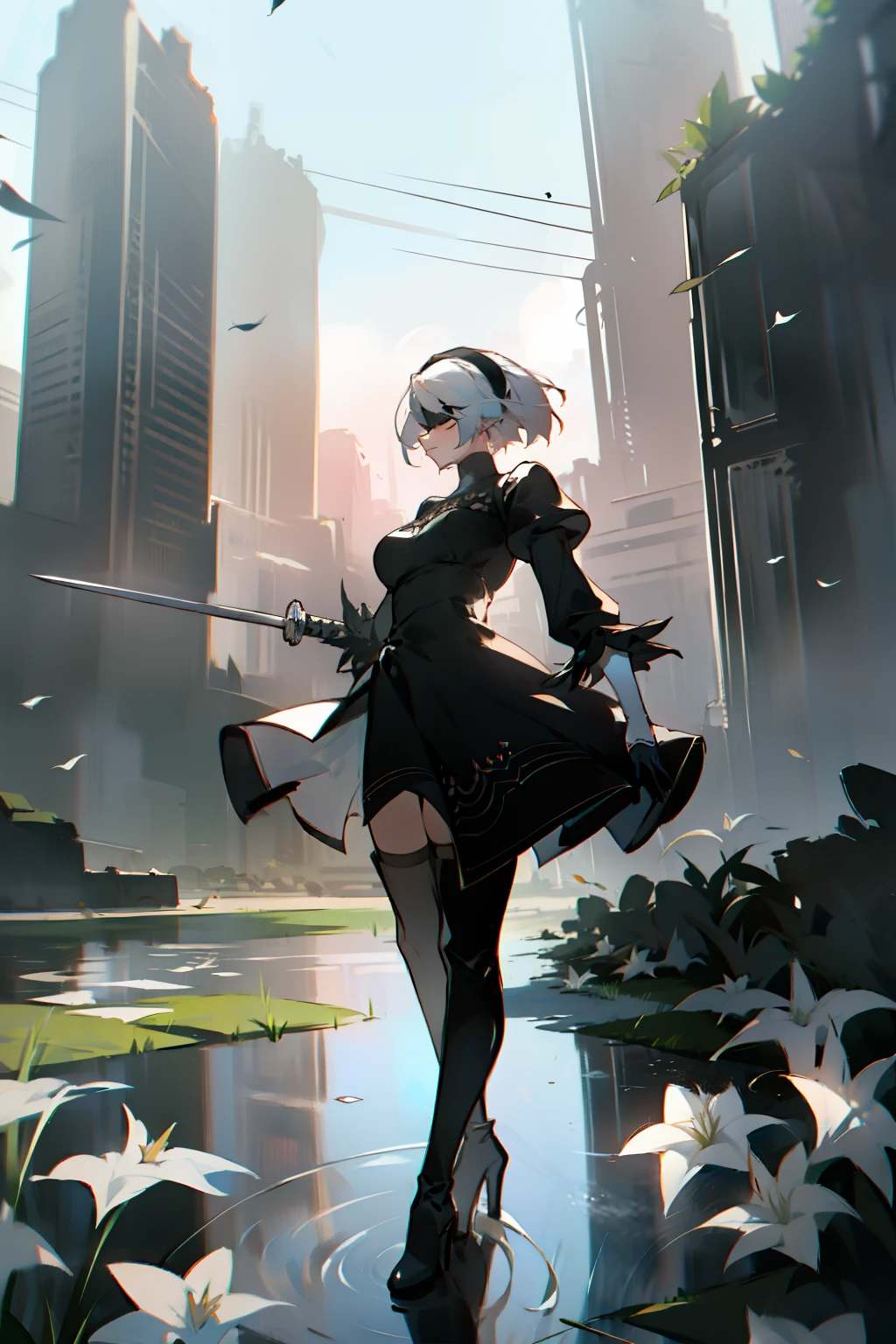 masterpiece, best quality, detailed face, extremely detailed, yorha no. 2 type b, 1girl, solo, absurdres, 8k, White hair, silver hair, black blindfold, black dress, black hairband, blindfold, eye highlights blue sky, boots, building, city, cloud, covered eyes, debris, dress, feather-trimmed sleeves, feather trim, gloves, grass, hairband, high heel boots, high heels, highres, juliet sleeves, katana, leather, leather boots, long sleeves, nier \(series\), nier automata, outdoors, overgrown, pod \(nier automata\), post-apocalypse, puddle, puffy sleeves, rubble, ruins, scenery, sky, thigh boots, thighhighs, thighhighs under boots, water, Leaves dancing in the wind, White flowers, white lilies, Light is dancing in the air,