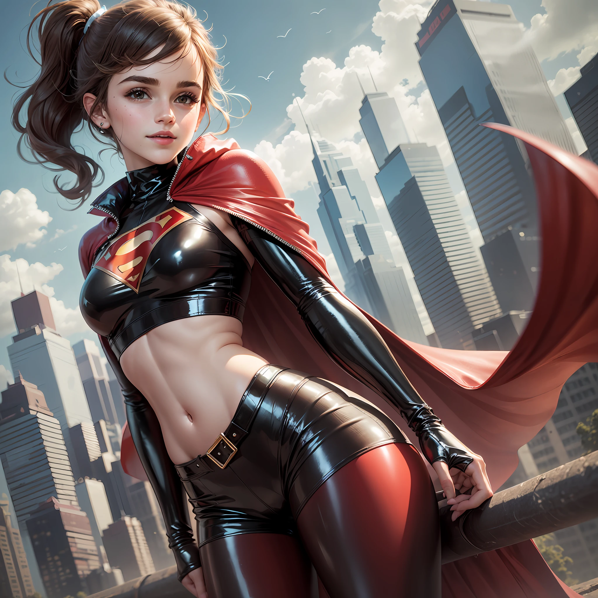 A woman in a red cape and black latex outfit posing for a picture - SeaArt  AI