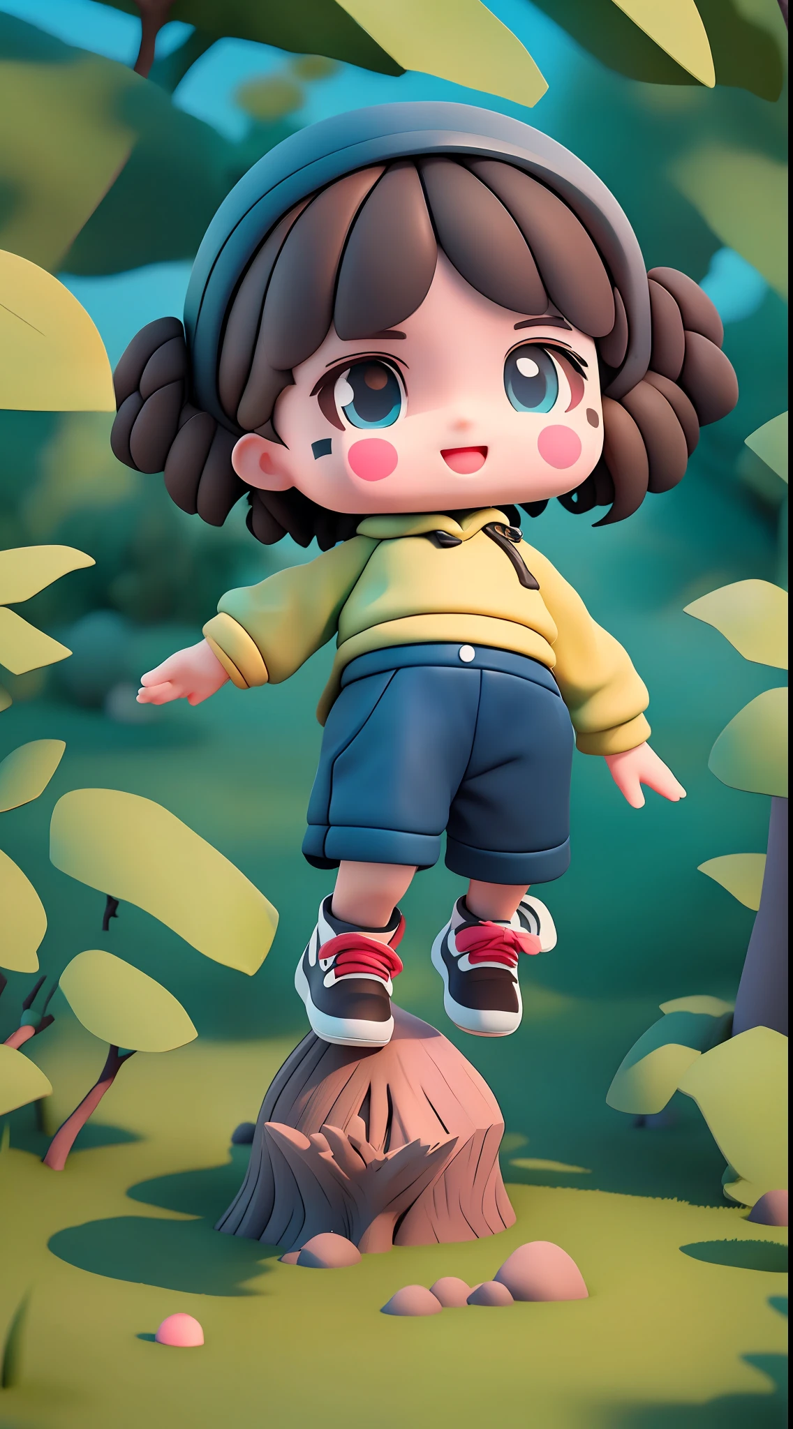 (masterpiece),(best quality),(ultra-detailed), (full body:1.2), a boy, chibi, cute, smile, open mouth, outdoors, dancing, dancing hip hop, jumping pose, hoodie, blush, tree, :3, shirt, short hair, brown hair, blush stripes stickers, long sleeves, black hair, sneakers, pants, (beautiful detailed face), (beautiful detailed eyes),