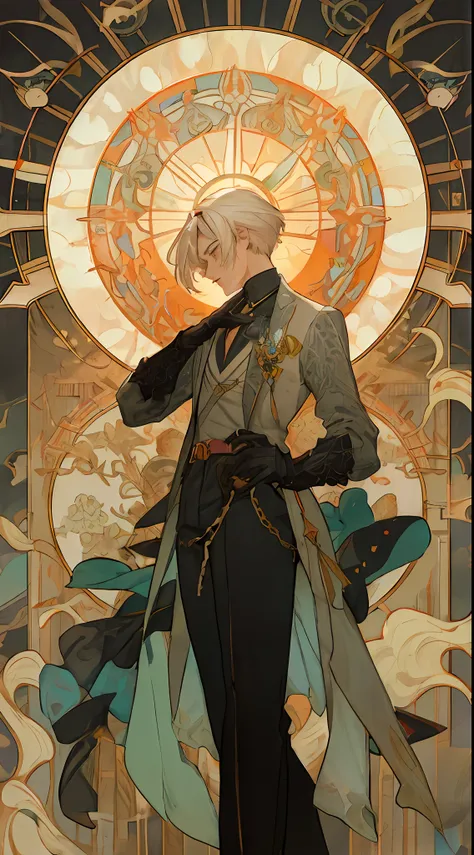 art nouveau, male, white short hair, blue eyes, steampunk outfit ...