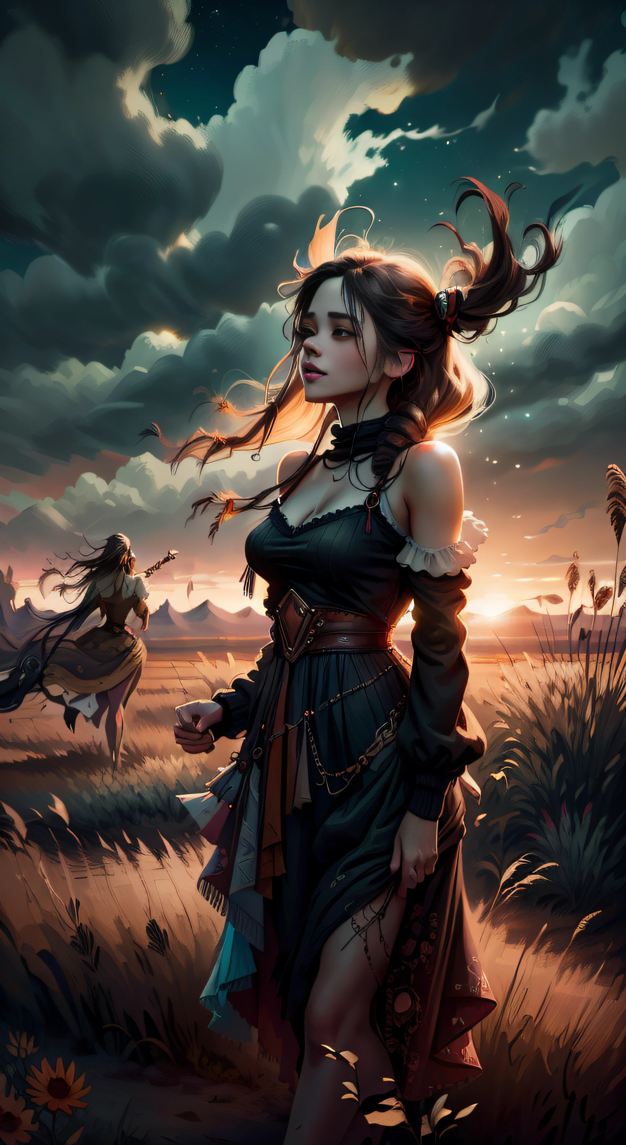 (wide-angle image of a BEAUTIFUL COWGIRL girl in the field At sunset), high detail, (dancing happily outdoors with long black dress and long hair blowing in the wind), sunset scene, details of sunlight illuminating the girl, she seems to be dancing free ballet in the vastness of the field, stunning, highly detailed, 8k, ornate, intricate, cinematic, clear, dancing outdoors, trails, sun shining, hair blowing in the wind, live action, reality, realistic description, (girl in black sweater dress), standing figure, barefoot, hair blowig in the wind, shoulder-length hair, large a beautiful happy theme, vivid imagery and light, cheerful tones