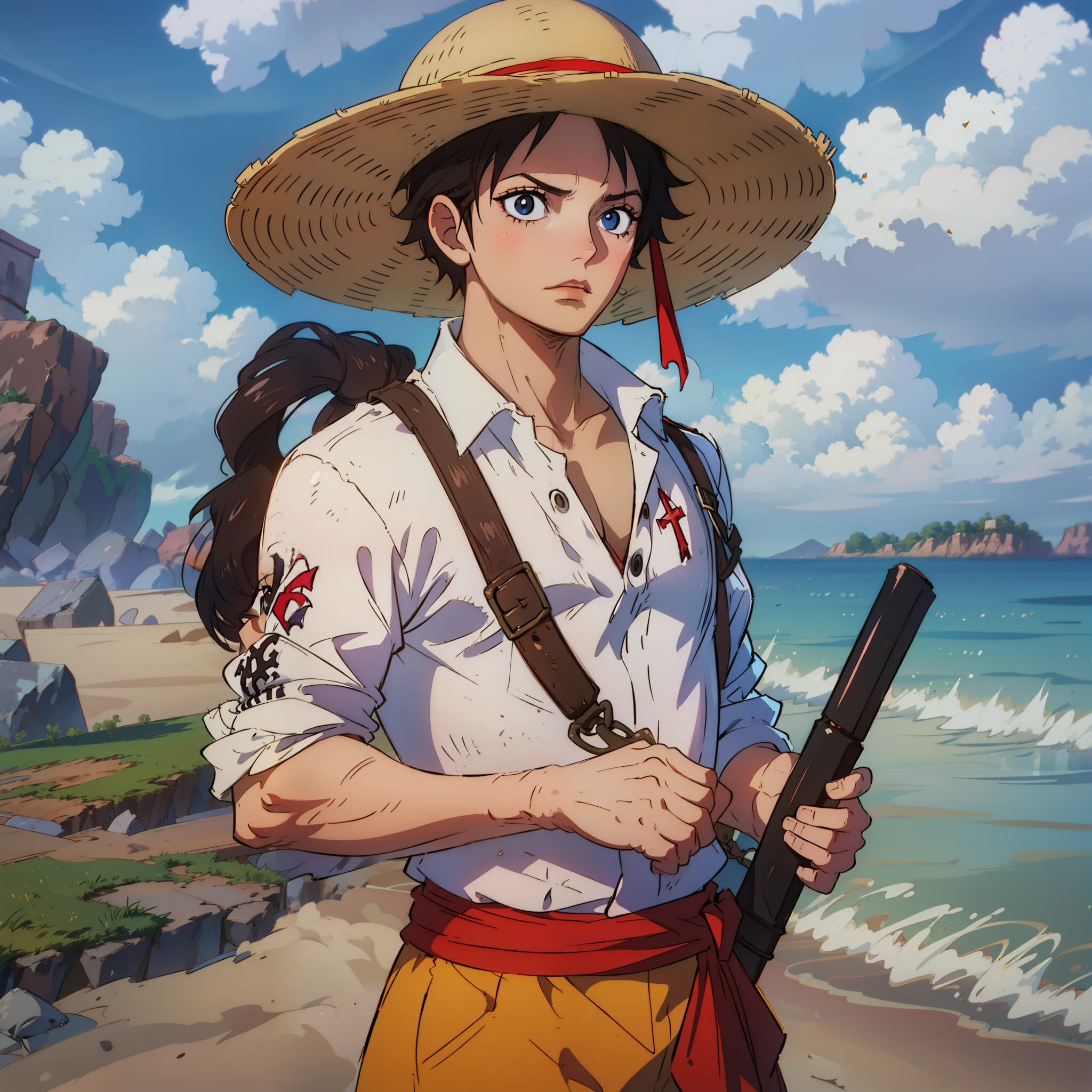 Anime character with a straw hat and a rifle on a beach（monkey d. luffy) -  SeaArt AI