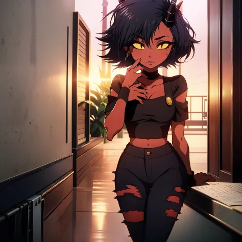 red skin, yellow sclera, black short hair, horns, black croptop, tail, elf ears, 1girl, millie, demon girl, black ripped jeans