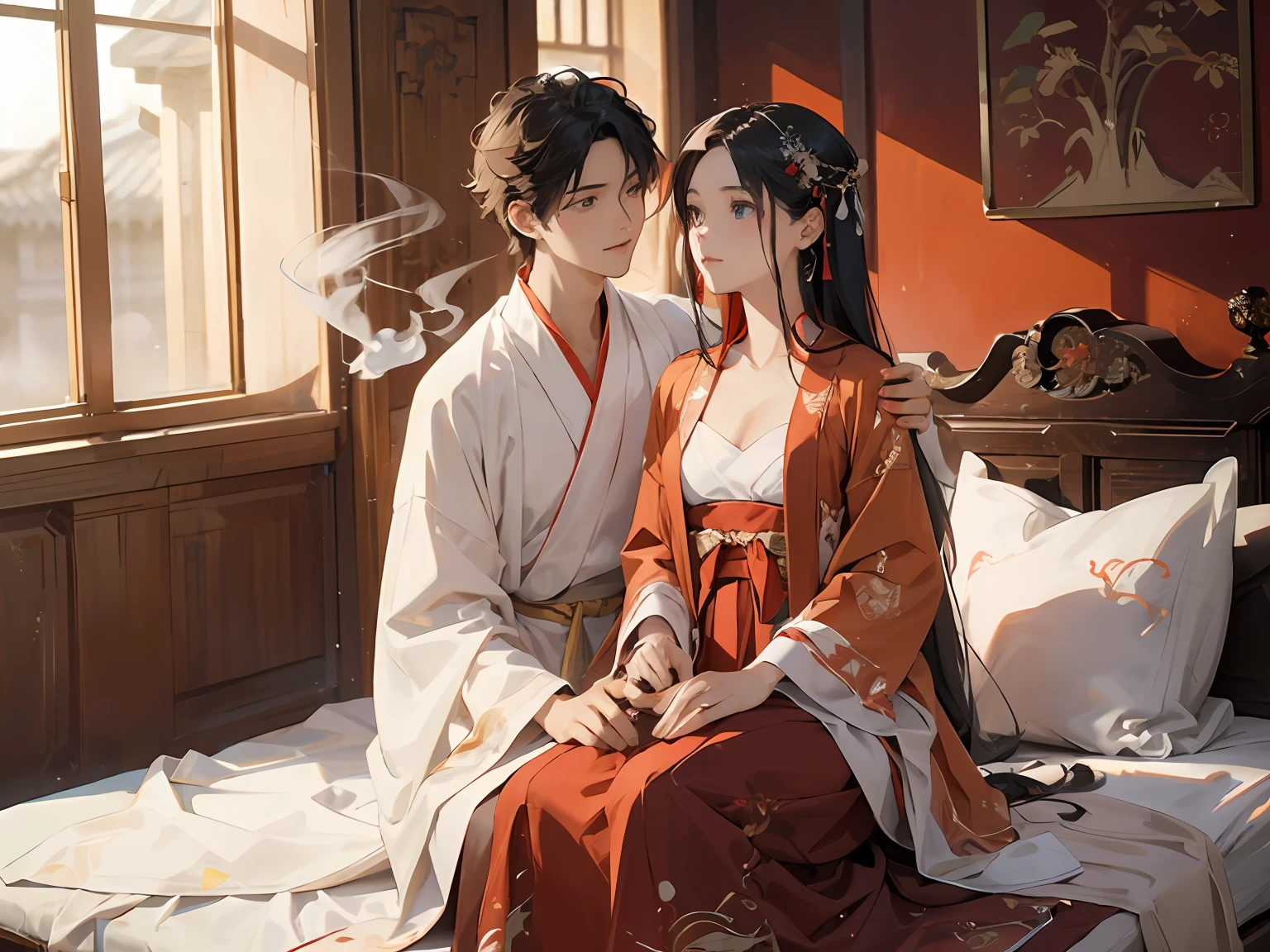 tmasterpiece,highest  quality,closeup cleavage,1 man and 1 woman,Sitting on the bedside,red color Hanfu,woman,long whitr hair,White,blue color eyes,red color Hanfu,Be red in the face,Hand to,is shy,at a loss,Man,Smoke pipes,Red and gold dress,hanstyle,printed robe