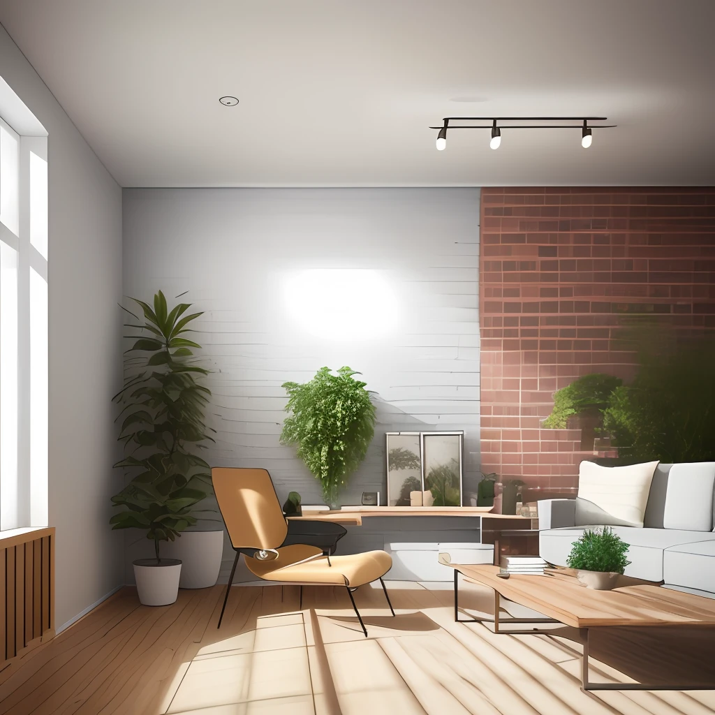 ((photo realistic)), ((interior design)), ((modern)) and ((ecological)), ((moodboard)), ((architecture photography)), dynamic perspective, dynamic angle, natural lighting&gt;artificial lighting , some plants, ((wooden furniture:1.2|\[metal furniture\]:0.8)), ((brick wall:1.1),(white wall),(lots of natural light)), spacious living area , earthy colors, ((no people)), just furniture and plants.