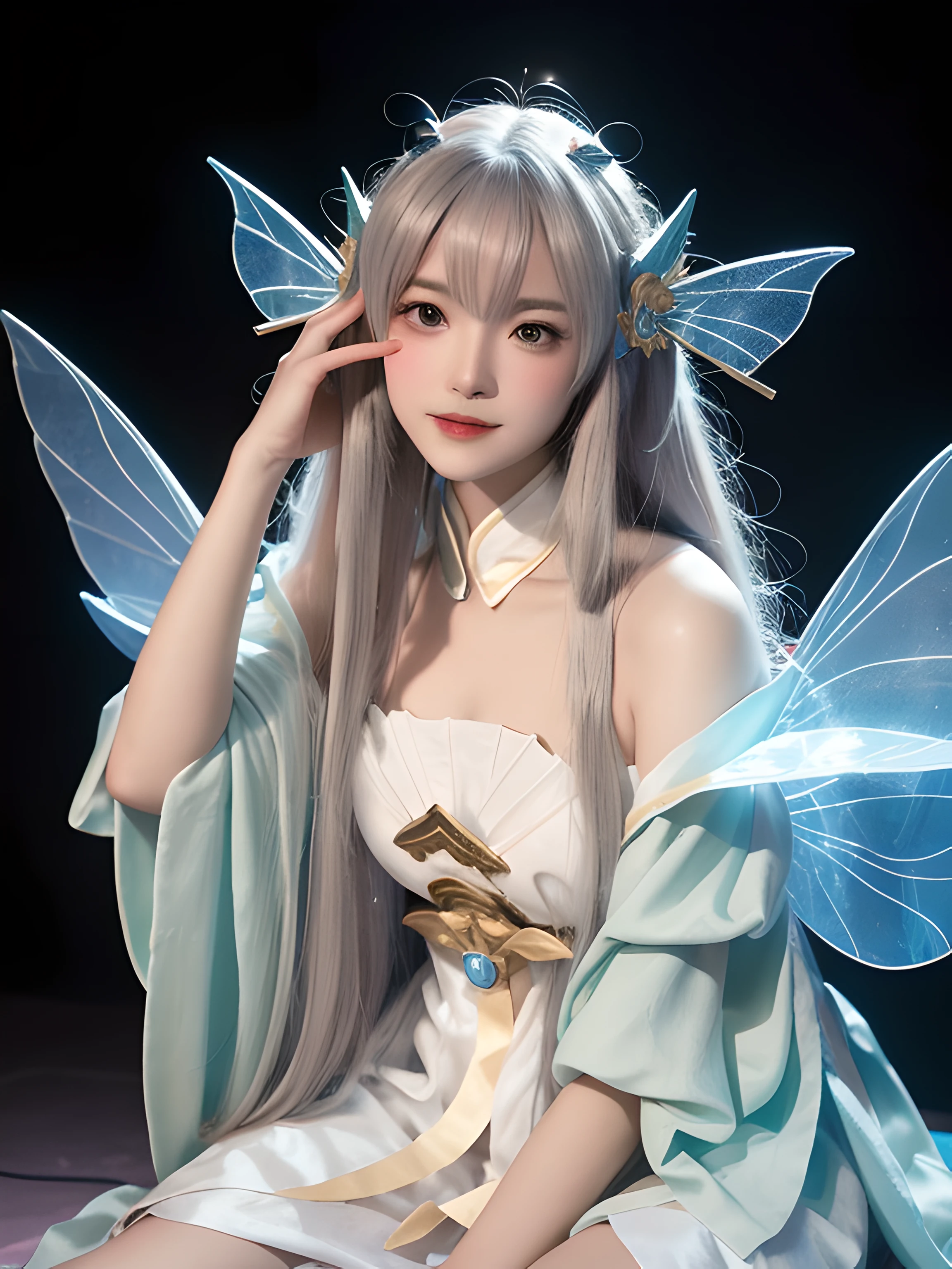 Close-up of women in costumes on stage, full body fairy, beautiful celestial mage, stunning young ethereal characters, beautiful fantasy queen, astral witch costume, sand stream, flowing magic robe, white Hanfu, fairy fantasy, beauty Delfin, ethereal fantasy, elegant and charming cosplay, Hirase Jinyao, sitting on the ground, charming and colorful, very coquettish,ultra high res, (photorealistic:1.4), raw photo,16K,dramatic lighting,