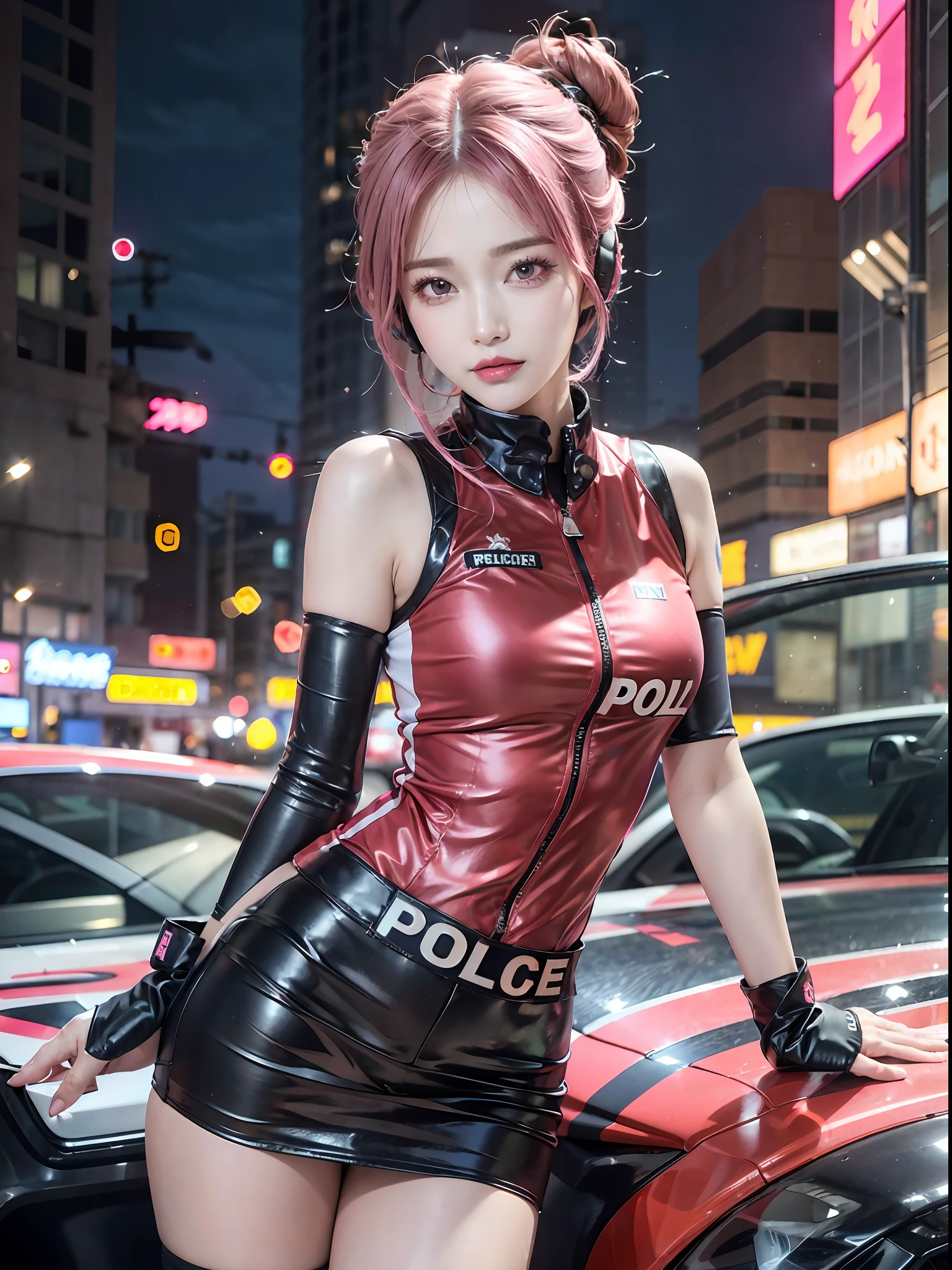 Top Quality, Ultra High Definition, (Photorealistic: 1.4), (Pink updo Hair: 1.3), 1 Girl, (Kpop Idol), Watch Audience, Detailed Face, Contrapposto, Smooth Skin, Perfect Anatomy, Cityscape, Professional Lighting, Futuristic Fashion, Police costume like Streetwear, Headset, High-tech Fabric, laser machinegun, Racing Suit, elbow and knee pads, racing gloves, sports police car background, pits, hot pnts, short , POLICE, pink hair,