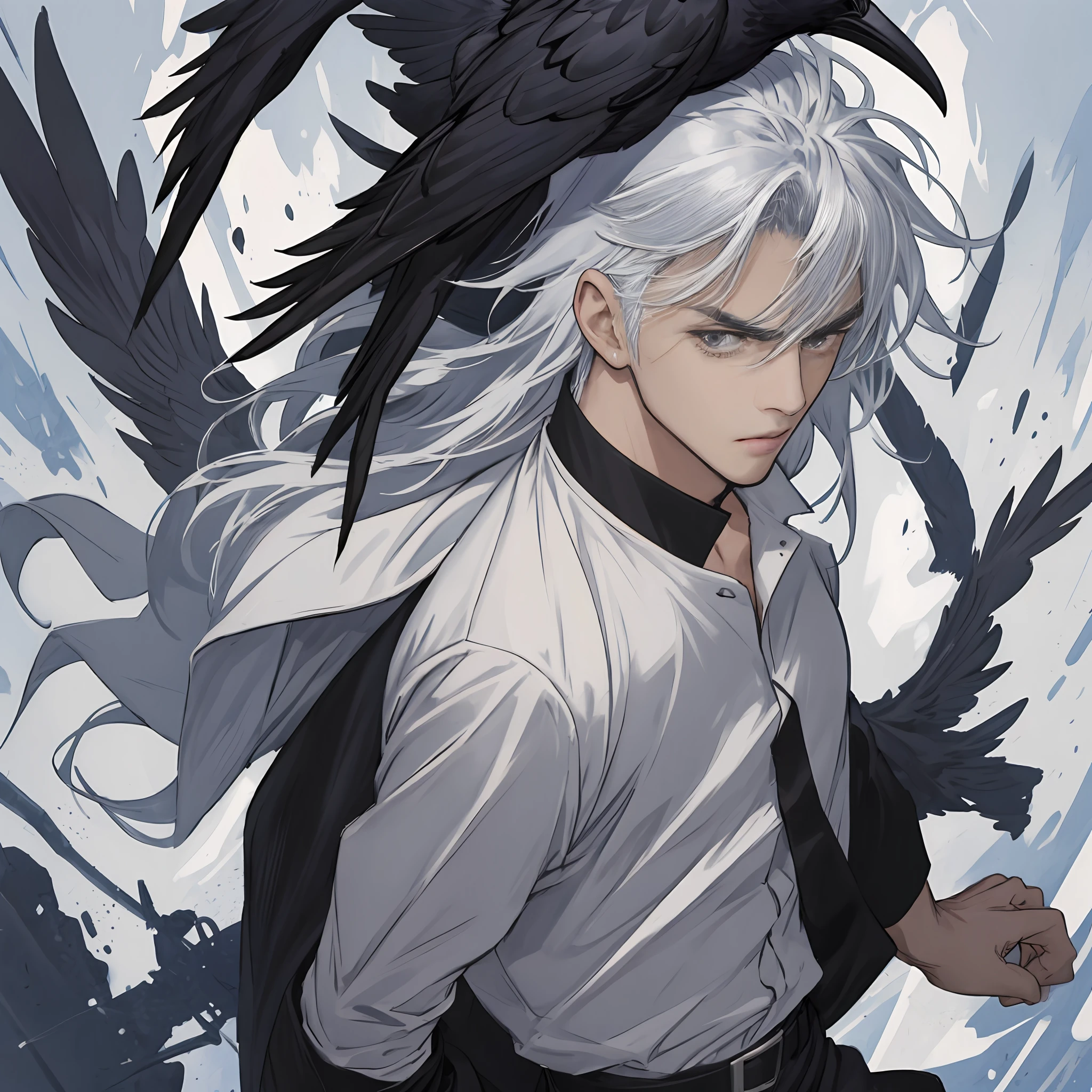 动漫男，银发飘扬，英俊的，强大的，黑乌鸦