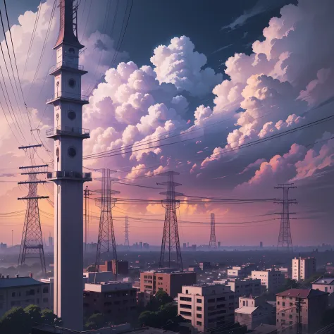 lanscape, amegakure buildings, towers, dawn, cables, heavy rain, purple sky cloud, pipes, electricity, fog, cloudy sky, anime style, ghibli style, ray of lights,