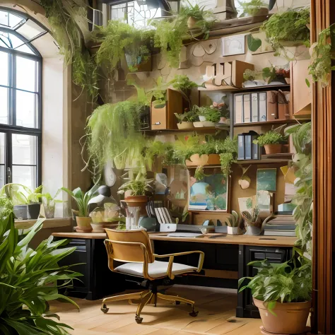 Architectural Digest photo of a maximalist green {vaporwave/steampunk/solarpunk} ((Home office)) with flowers and plants, golden...