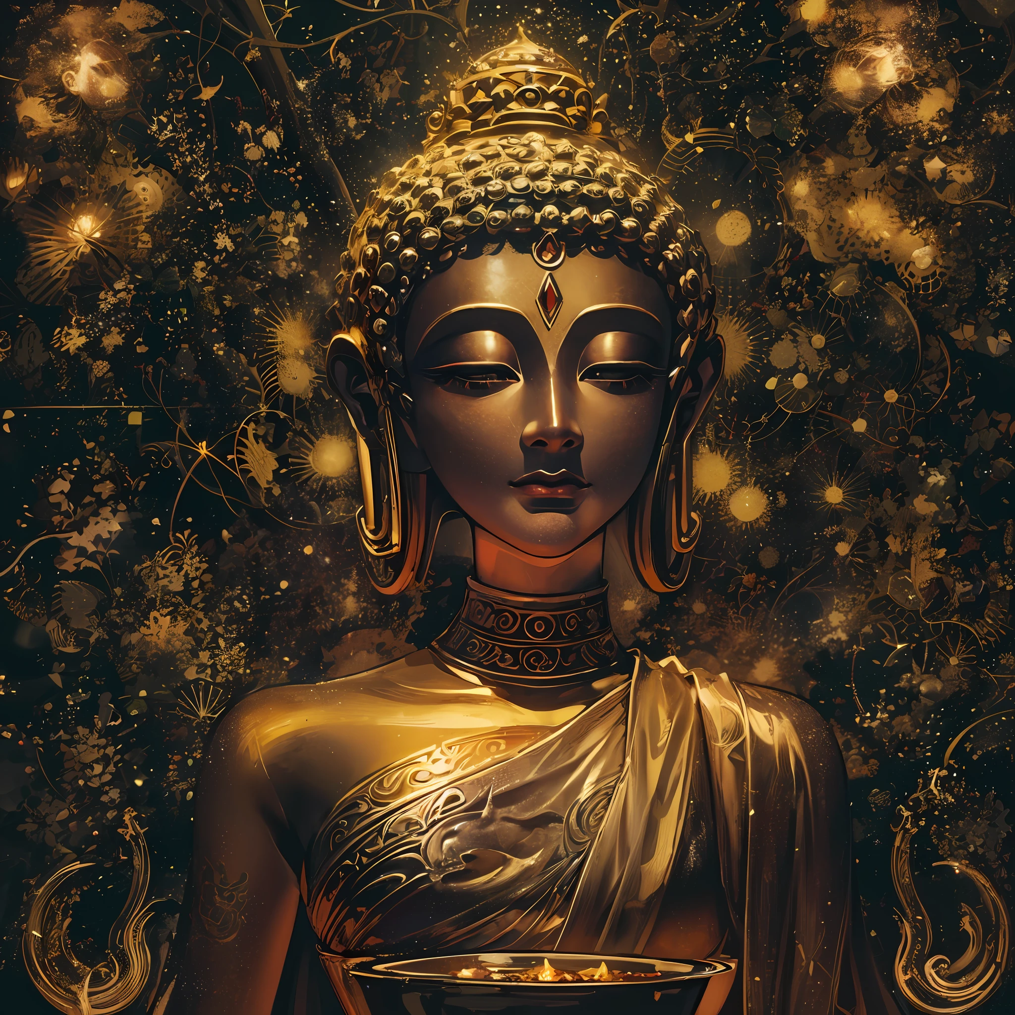 Una estatua dorada de Buda femenina, retrato frontal, con un incensario al frente, En un contexto de cosmos oscuro, foto tomada con la cámara sony a7r, Tomada con Sigma 20mm F1.4, hermosa imagen, surrealism, iluminación cinematográfica, luz de dios, iluminación retroiluminada, piel texturizada, súper detalle,