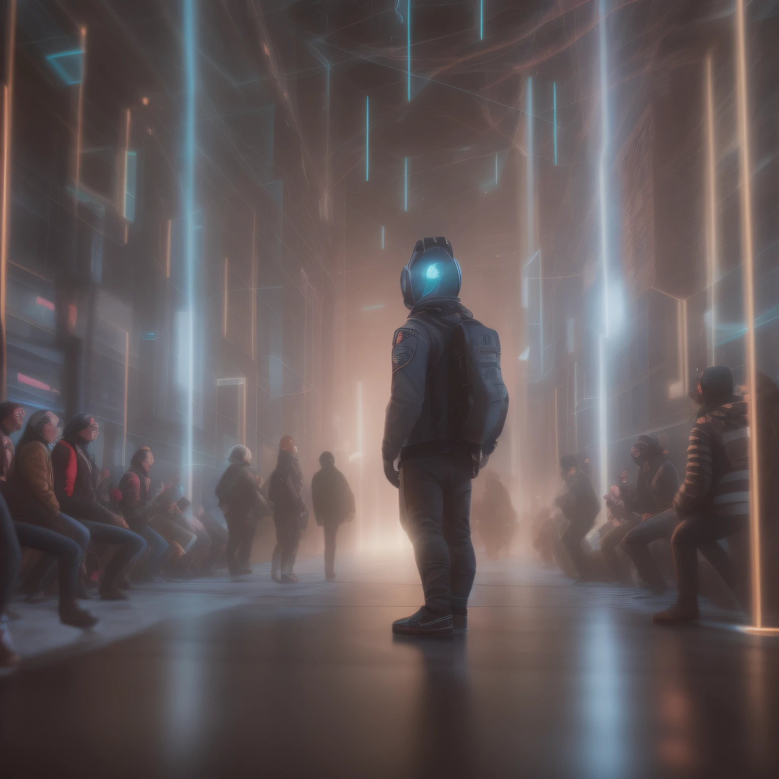 8K UHD, Original photo from DSLR, Photorealistic, ultra realisic, Cinematic Lightning, high detailed, High Quality , There are a lot of people standing in a room with lots of lighting, Crowds of Android, A large crowd of androids, 3 d render beeple, Beeple. octan render, style of : Beeple's Hybrid Mix, Connection with glowing tube 8K, beeple style, Beeple!!, digital art, digital art, Cinematic Beeple, A figure shining in the distance